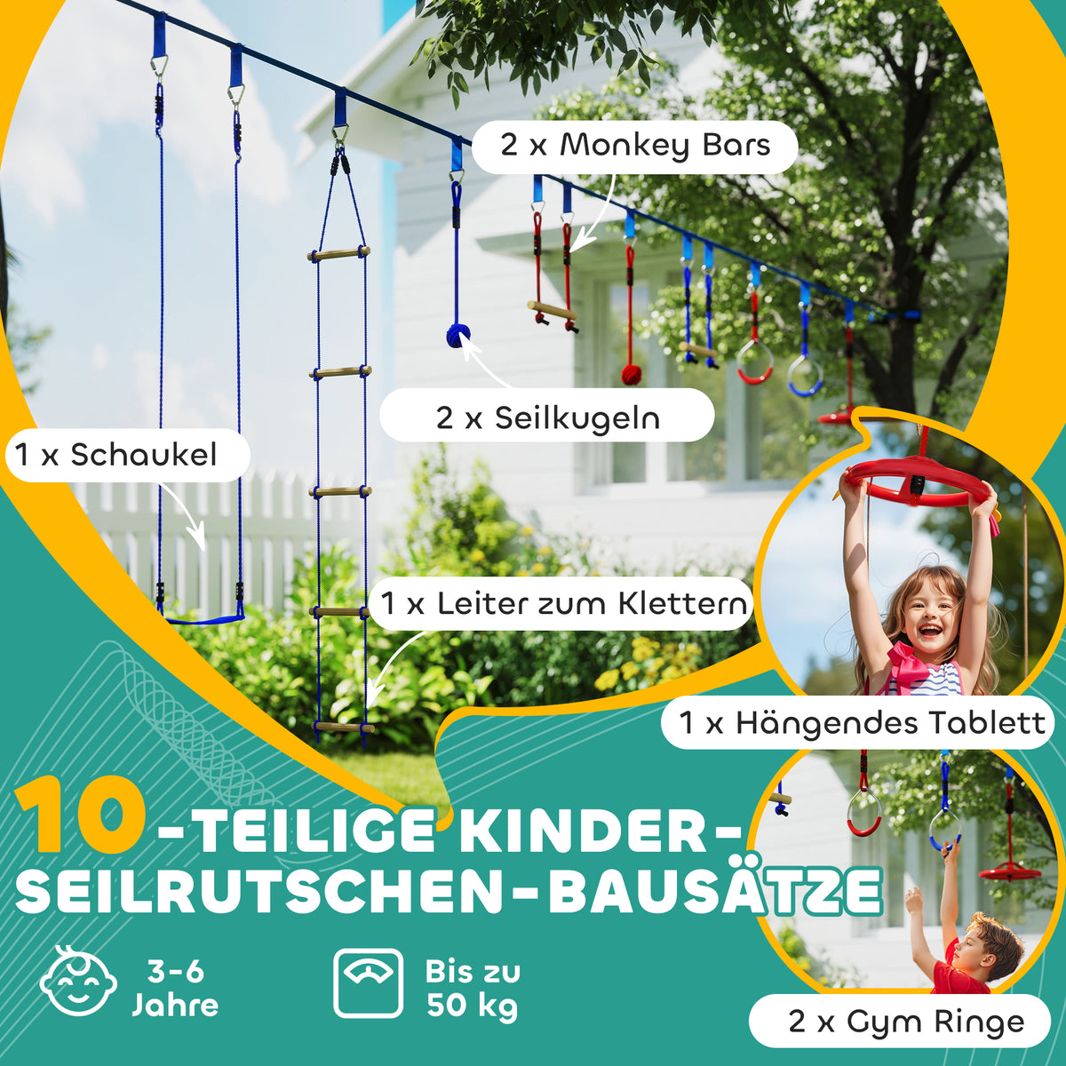 AIYAPLAY 6 Seilrutschen-Kits für Kinder, 50 kg Belastbarkeit, 3-6 Jahre, Tragetasche, Blau