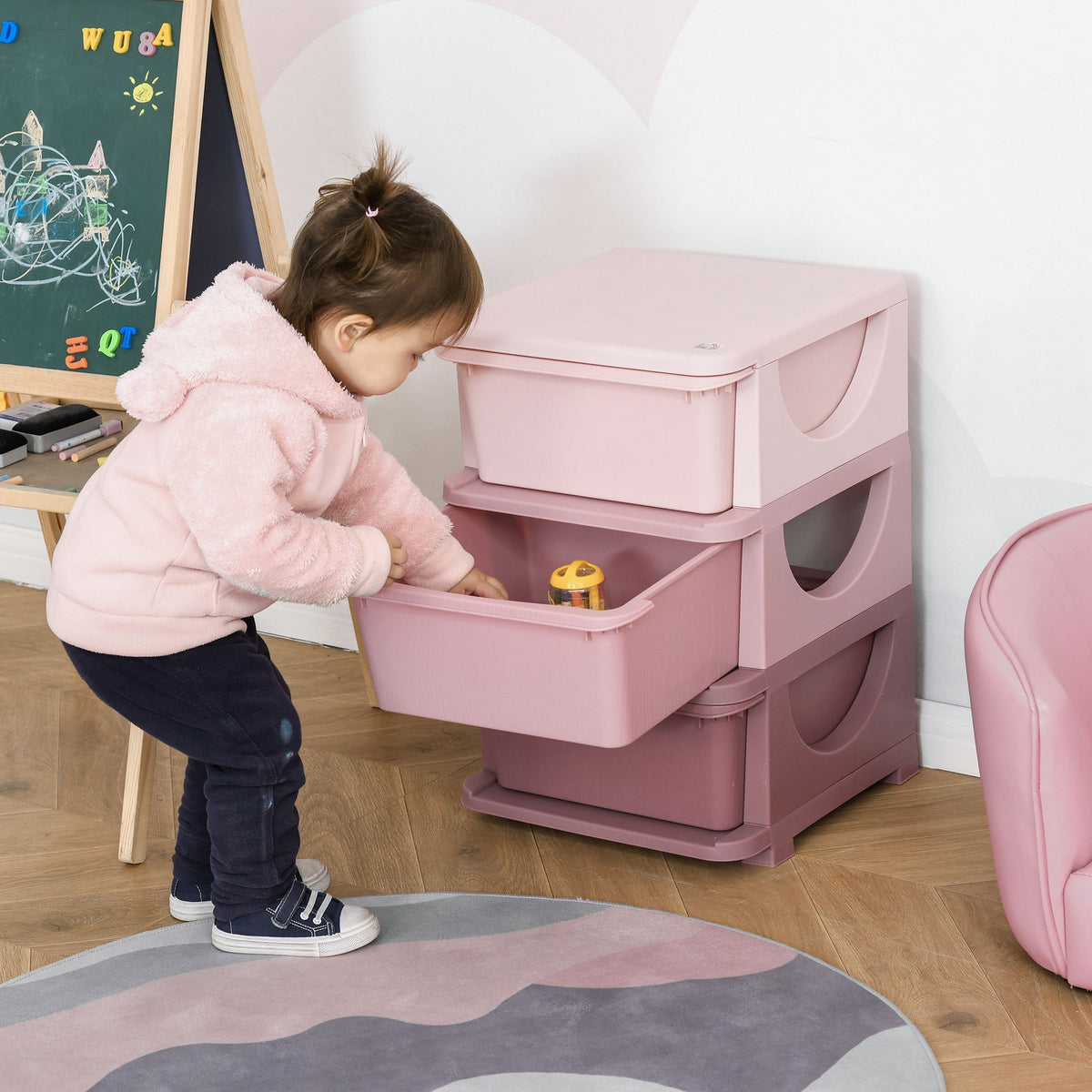 HOMCOM Aufbewahrungsboxen für Kinder, 3 Schubladen, abgerundete Kanten, erhöhtes Design, 37x37x56,5 cm, Rosa
