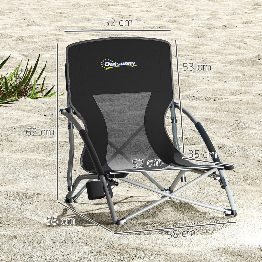 Outsunny Set von 2 klappbaren Strandstühlen, leichte Campingstühle mit Transporttasche und Becherhalter 58 x 55 x 62 cm Schwarz