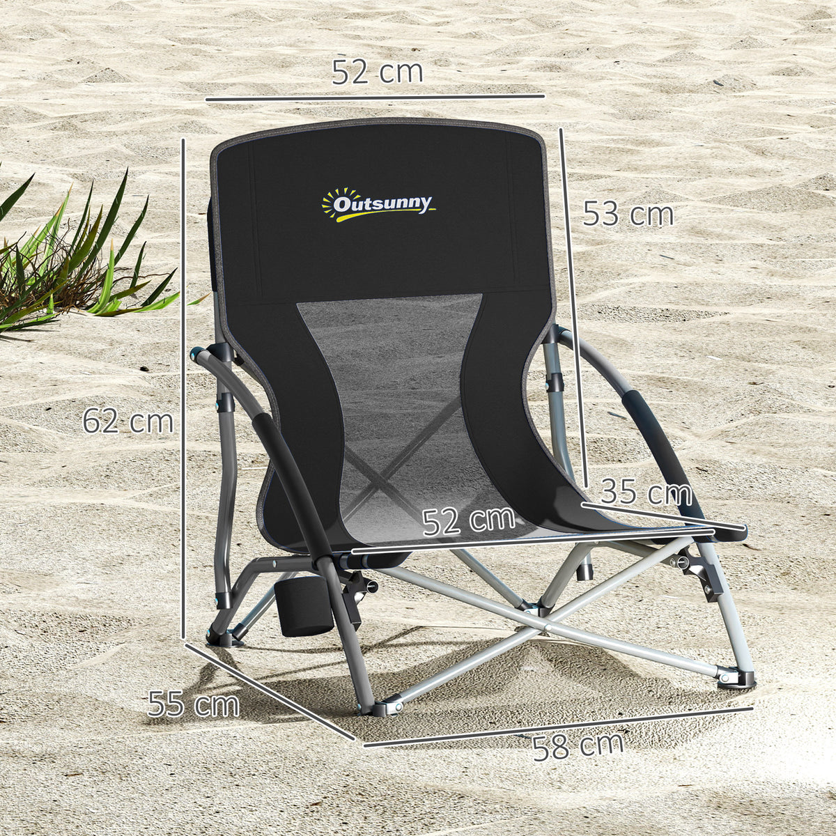 Outsunny Set von 2 klappbaren Strandstühlen, leichte Campingstühle mit Transporttasche und Becherhalter 58 x 55 x 62 cm Schwarz