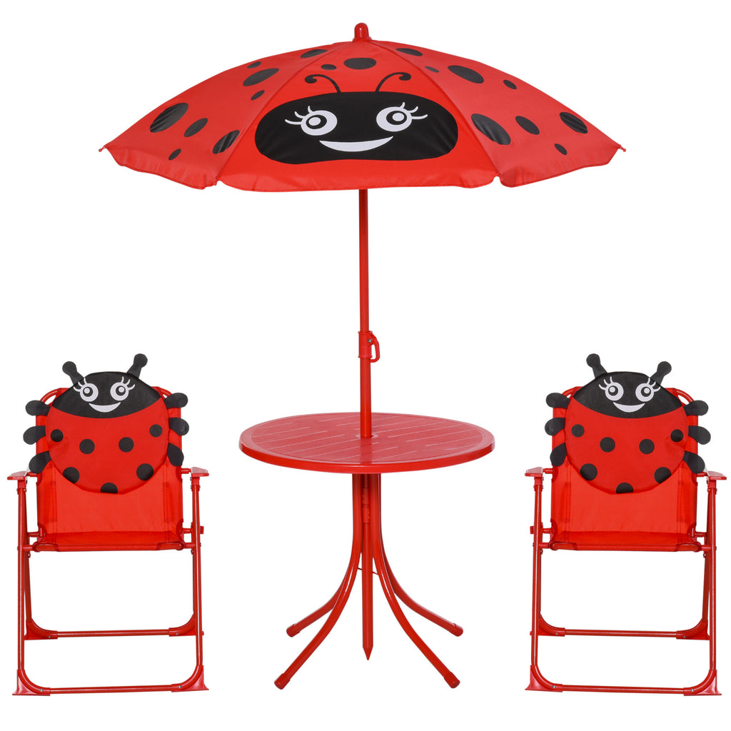 Outsunny 4tlg. Kindersitzgruppe Garten Gartentisch 2 Klappstühle Sonnenschirm Camping Kindersitzgarnitur Gartenmöbel für 3-5 Jahre Rot