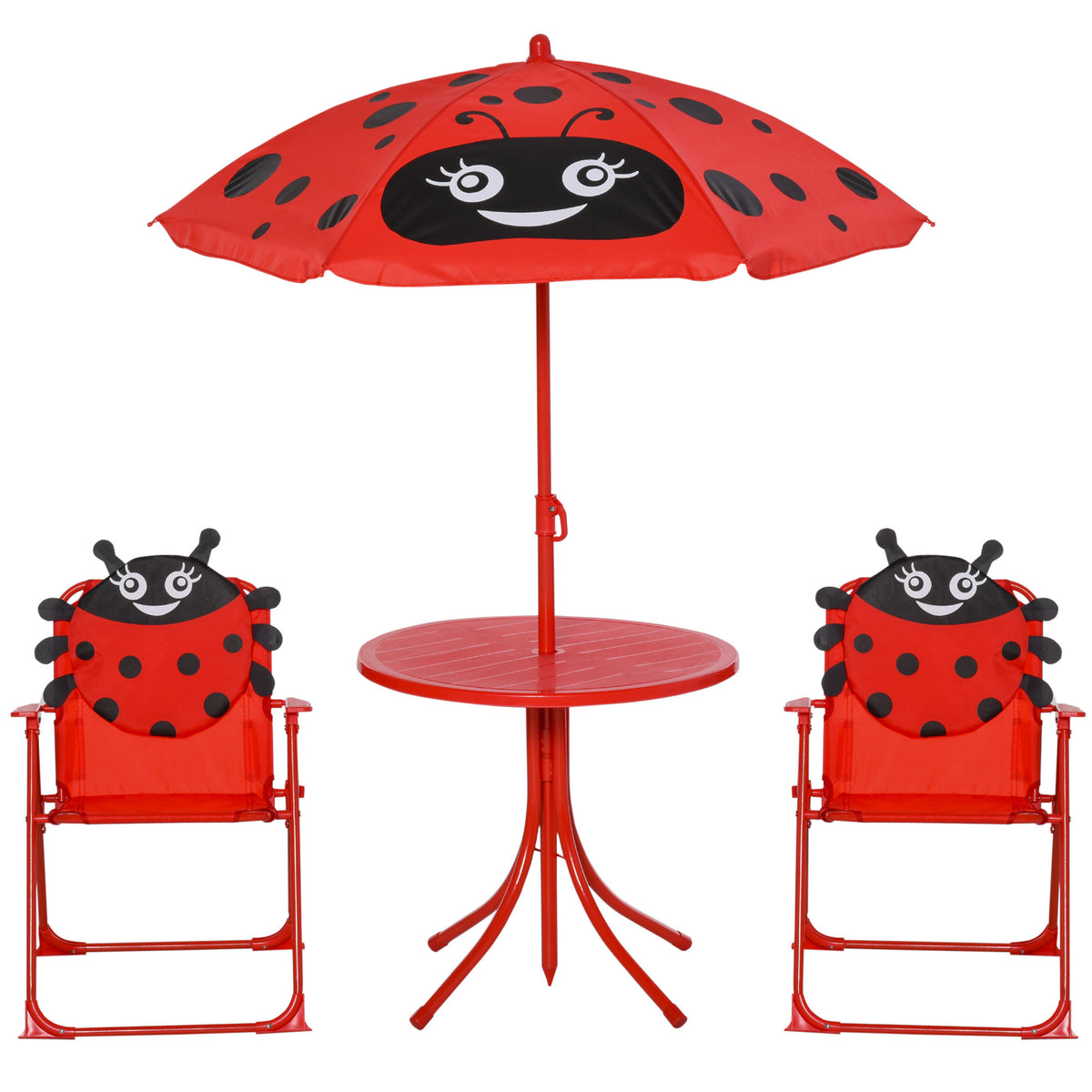 Outsunny 4tlg. Kindersitzgruppe Garten Gartentisch 2 Klappstühle Sonnenschirm Camping Kindersitzgarnitur Gartenmöbel für 3-5 Jahre Rot