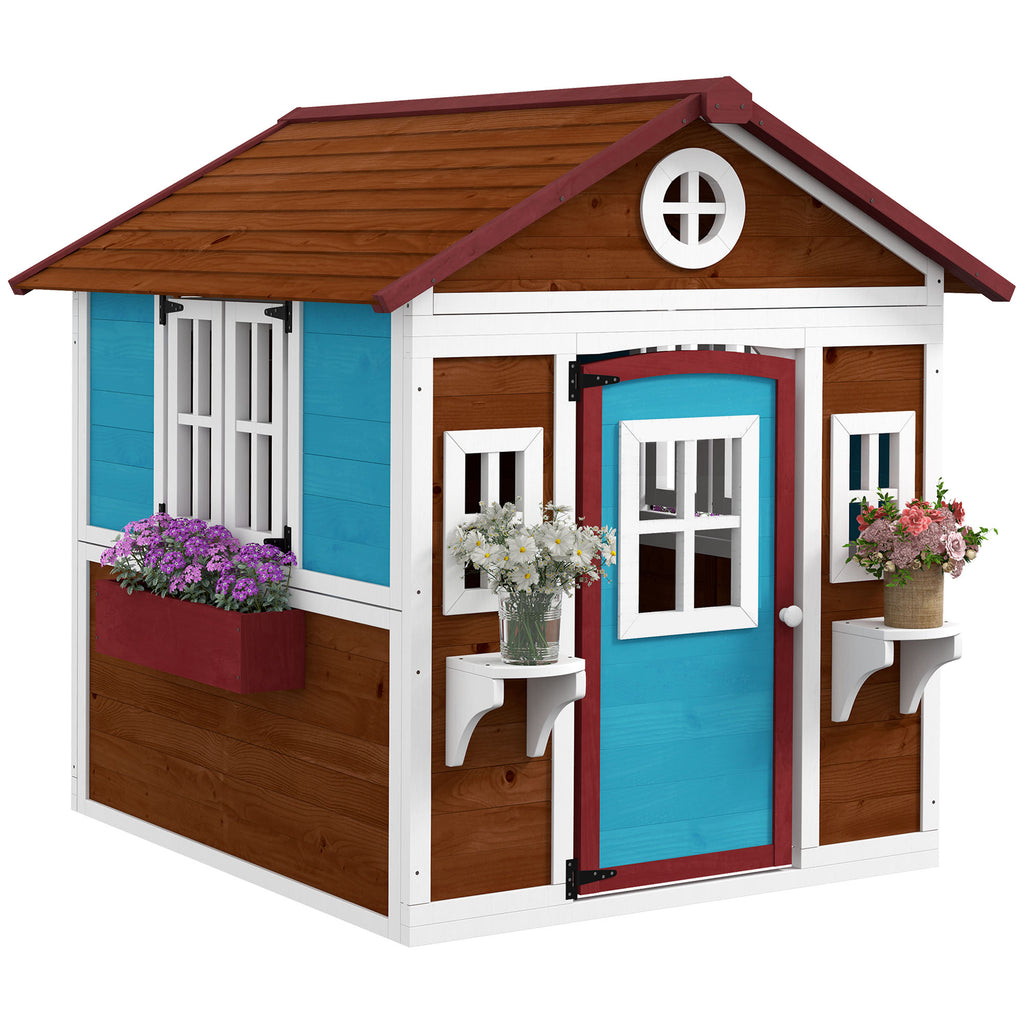 Outsunny Kinderspielhaus, Holz-Spielhaus für Kinder, Outdoor-Gartenspielhaus mit Fenstern, Blumentöpfe, 3-8 Jahre, Blau