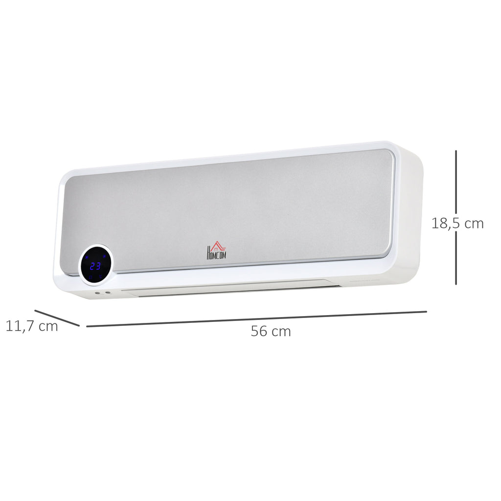 HOMCOM Wandmontierter oszillierender Heizlüfter 2000 W - Keramik-PTC-Heizung - 3 Leistungsstufen - Fernbedienung inklusive Weiß Silber