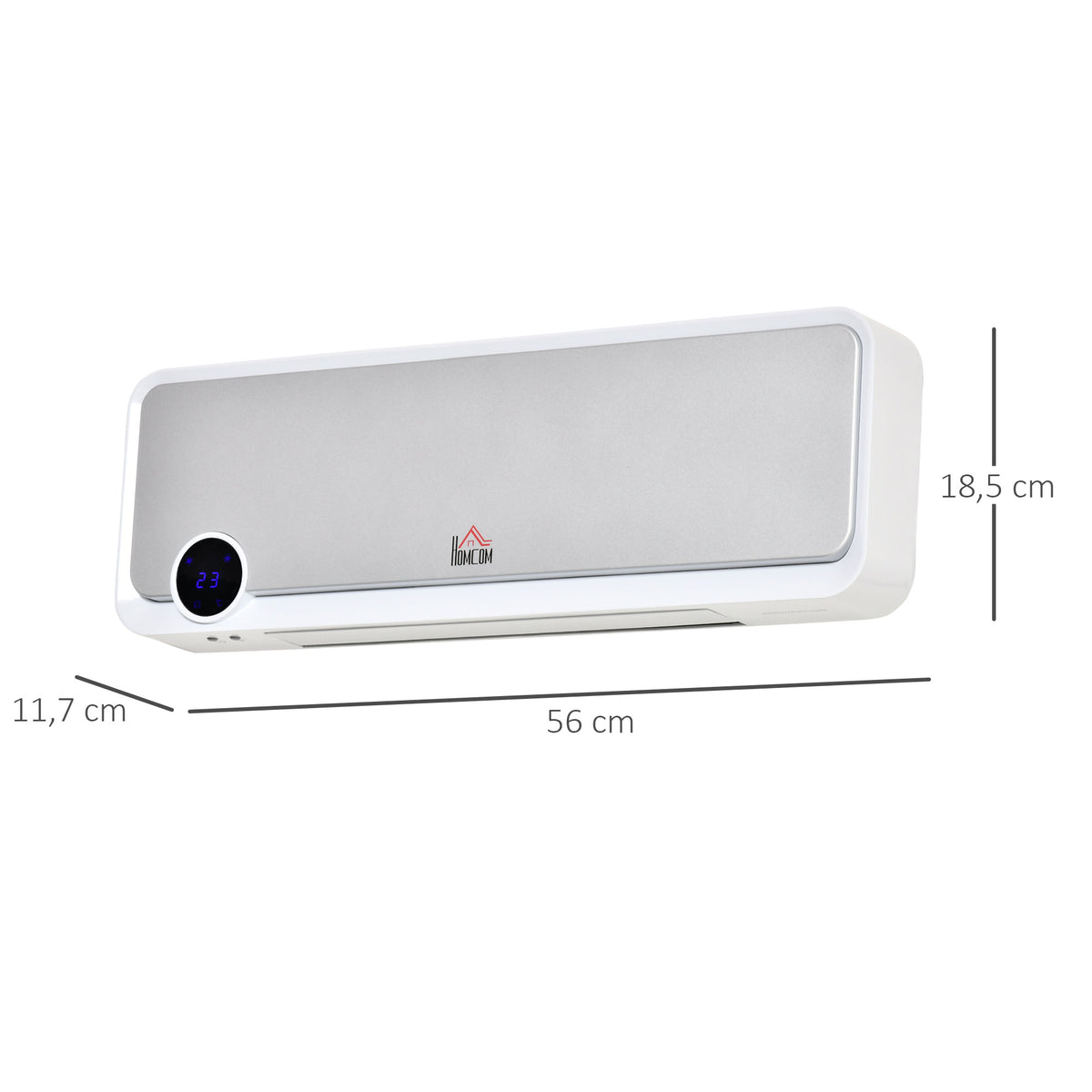 HOMCOM Wandmontierter oszillierender Heizlüfter 2000 W - Keramik-PTC-Heizung - 3 Leistungsstufen - Fernbedienung inklusive Weiß Silber
