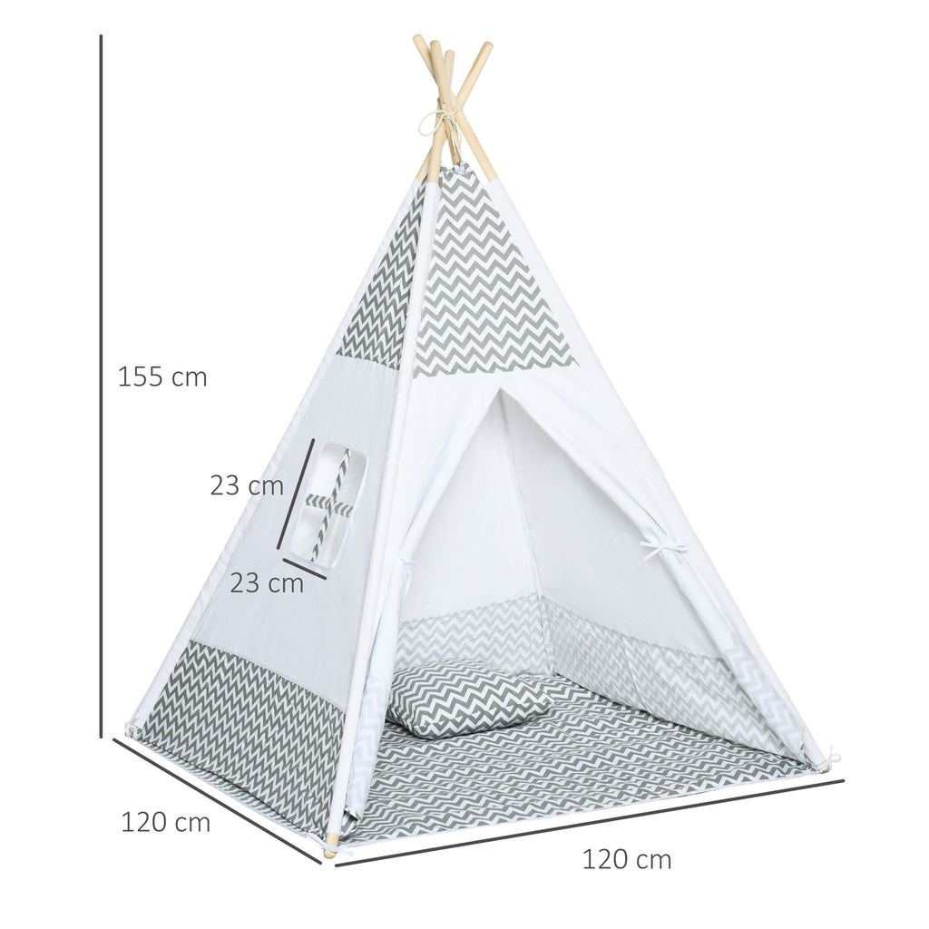 HOMCOM Indianer-Tipi Spielzelt für Kinder Grafikdesign - Maße 1,2L x 1,2B x 1,55H m - Verschließbare Tür Fenster Teppich Kissen Transporttasche inklusive - Innen Außen Grau Weiß