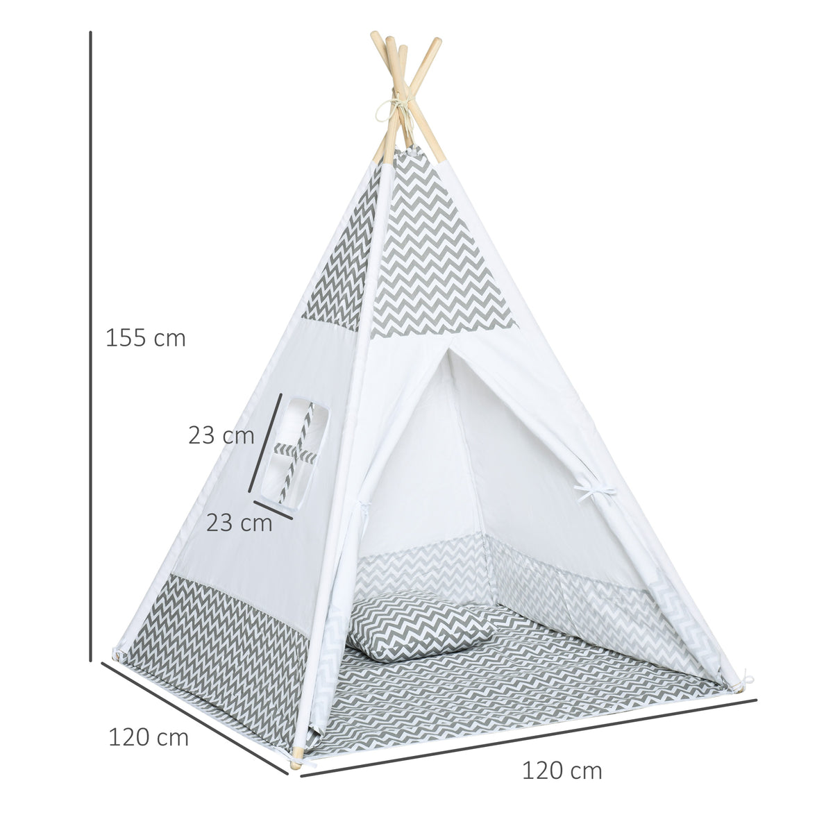 HOMCOM Indianer-Tipi Spielzelt für Kinder Grafikdesign - Maße 1,2L x 1,2B x 1,55H m - Verschließbare Tür Fenster Teppich Kissen Transporttasche inklusive - Innen Außen Grau Weiß