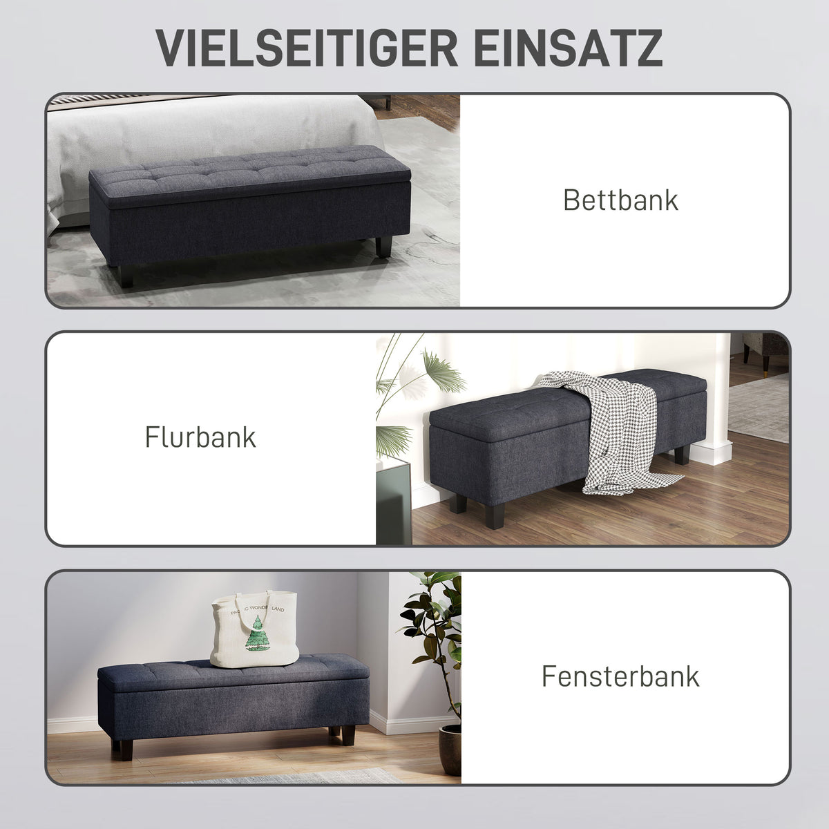 HOMCOM Stauraum-Polsterbank in Leinenoptik, mit Kautschukholzbeinen, für Wohnzimmer, Schlafzimmer, Flur, Dunkelgrau