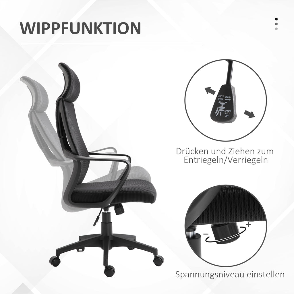 Vinsetto Bürostuhl, Schreibtischstuhl mit Wippfunktion Höhenverstellbarer mit Kopfstütze, Lendenstütze Schwarz