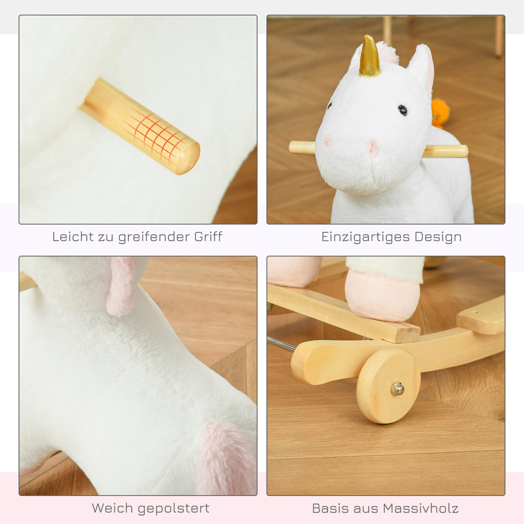 HOMCOM 2-IN-1 Schaukelpferd mit Räder Plüsch Schaukeltier Babyschaukel Spielzeug Weiß 63 x 38 x 63 cm