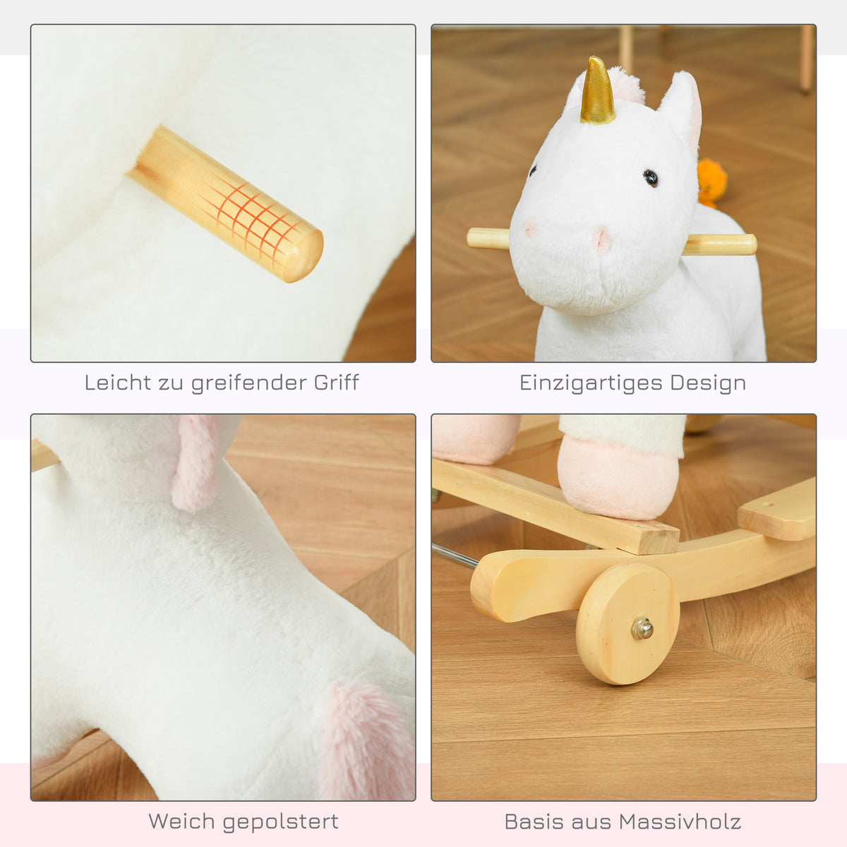 HOMCOM 2-IN-1 Schaukelpferd mit Räder Plüsch Schaukeltier Babyschaukel Spielzeug Weiß 63 x 38 x 63 cm