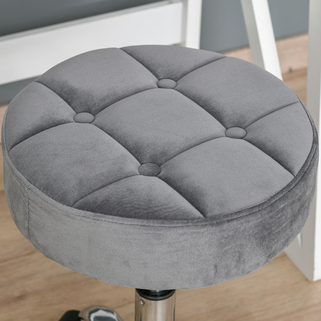 HOMCOM Salonstuhl mit Rädern Rollhocker höhenverstellbar drehbar Salon Hocker Samt-Touch Schaumstoff Chrom-Basis Hellgrau 35 x 35 x 49-61 cm