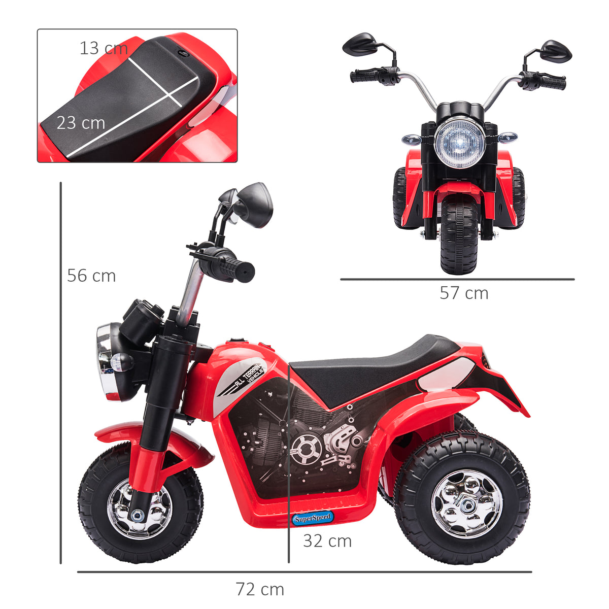 HOMCOM Elektrisches Kinderchopper Geländemotorrad 6 V 20 W Vorwärts- und Rückwärtslauf 3 Räder Licht- und Soundeffekte Rot Schwarz