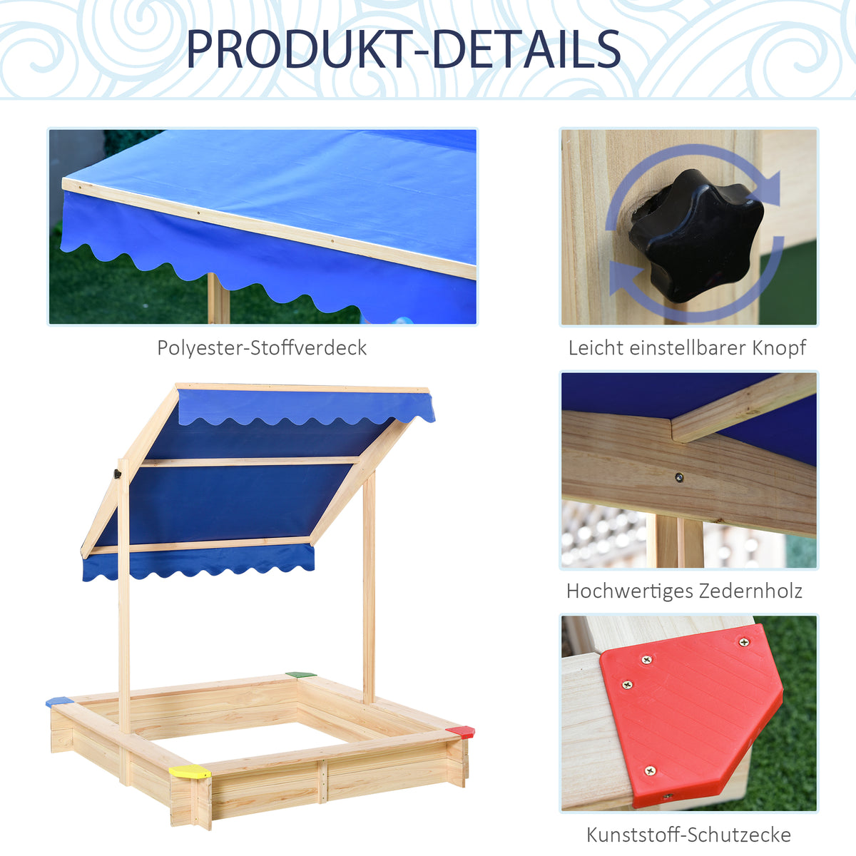 Outsunny Sandkasten mit Dach Sandkiste Kindersandkasten Tannenholz Bodenloses Design felix mit absenkbarem und schwenkbarem Dach Kurbeldach 120 x 120 x 120 cm Natur