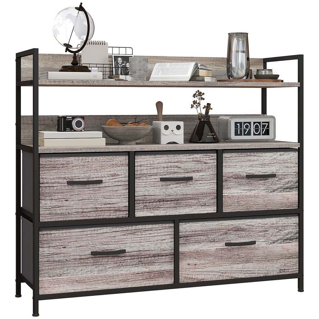 HOMCOM Stoff-Kommode, 5 faltbare Schubladen, 2 Regale, Stahlrahmen, 98 x 29 x 85 cm, Grau