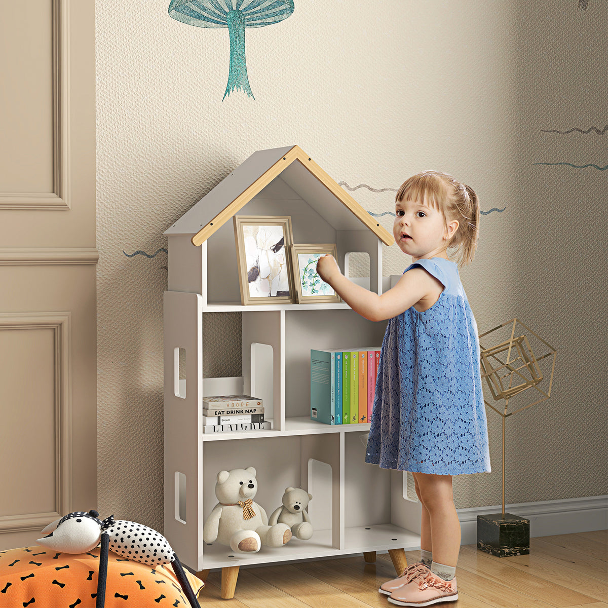ZONEKIZ Kinderregal für Spielzeug und Bücher Hausform 3 Ebenen 65 x 25 x 108,5 cm weiß und natur
