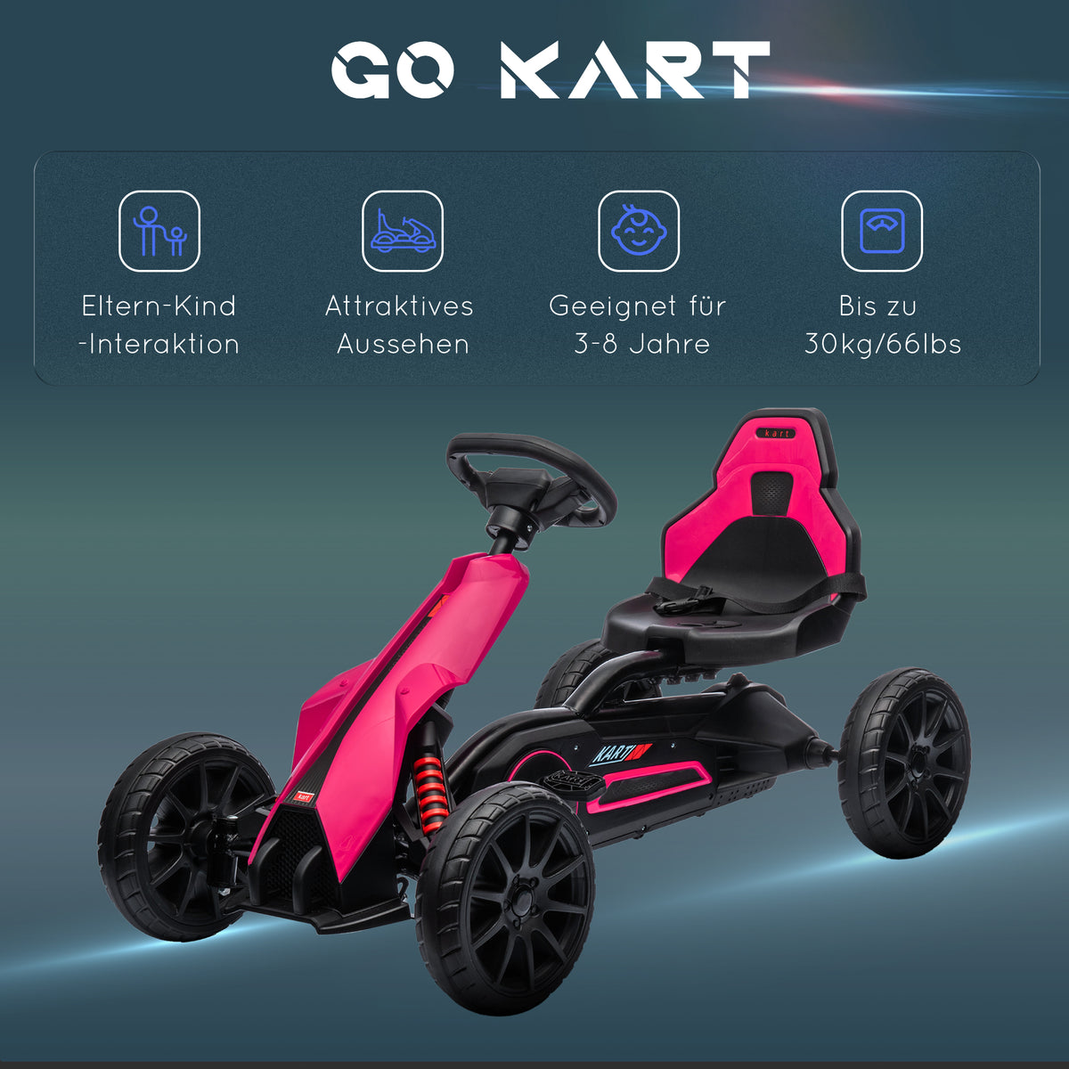 HOMCOM Go-Kart, Kinderfahrzeug mit verstellbarem Sitz, Tretfahrzeug, Tretauto mit Handbremse, 3-8 Jahre, Outdoor, Rosa
