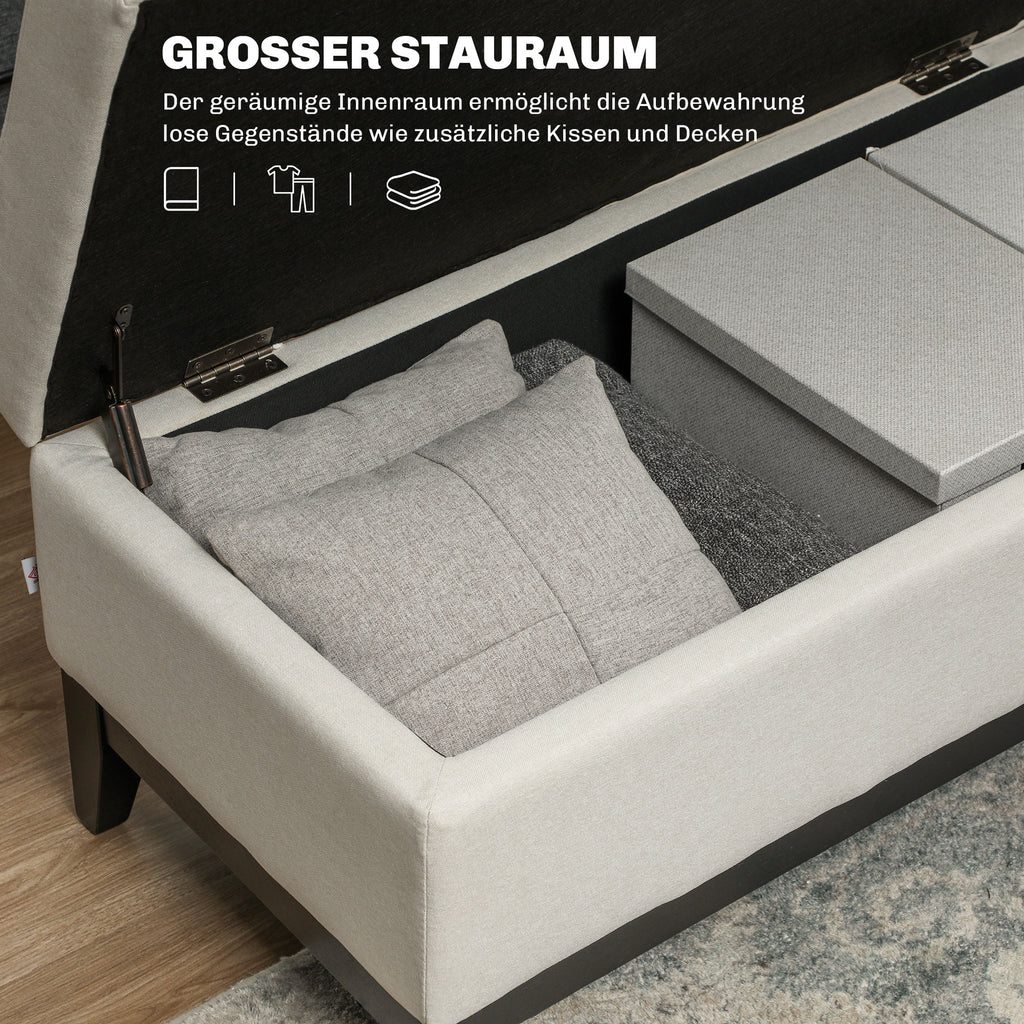 HOMCOM Hocker mit Stauraum, Tablett, Eukalyptusholzrahmen, bis 120 kg, 107 x 50 x 44 cm, Cremeweiß/Schwarz