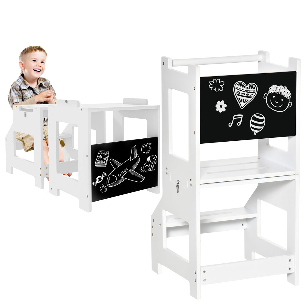 HOMCOM Lern- und Malstuhl mit Kreidetafel und 3-in-1 Schreibtischhockerfunktion - rutschfeste Stufen, Sicherheitsbügel, hohe Stabilität - MDF Weiß Schwarz
