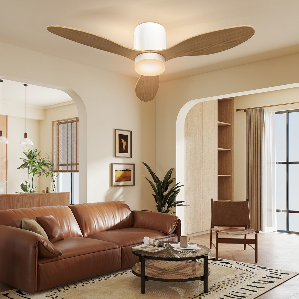 HOMCOM Deckenventilator mit einstellbarem Licht und Fernbedienung 115 cm, 3 Farben, 3 Flügel, 6 Geschwindigkeiten, Timer, Natur