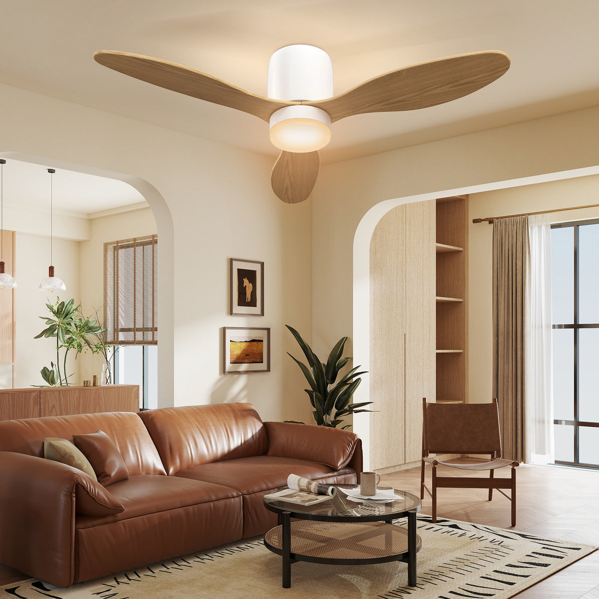 HOMCOM Deckenventilator mit einstellbarem Licht und Fernbedienung 115 cm, 3 Farben, 3 Flügel, 6 Geschwindigkeiten, Timer, Natur