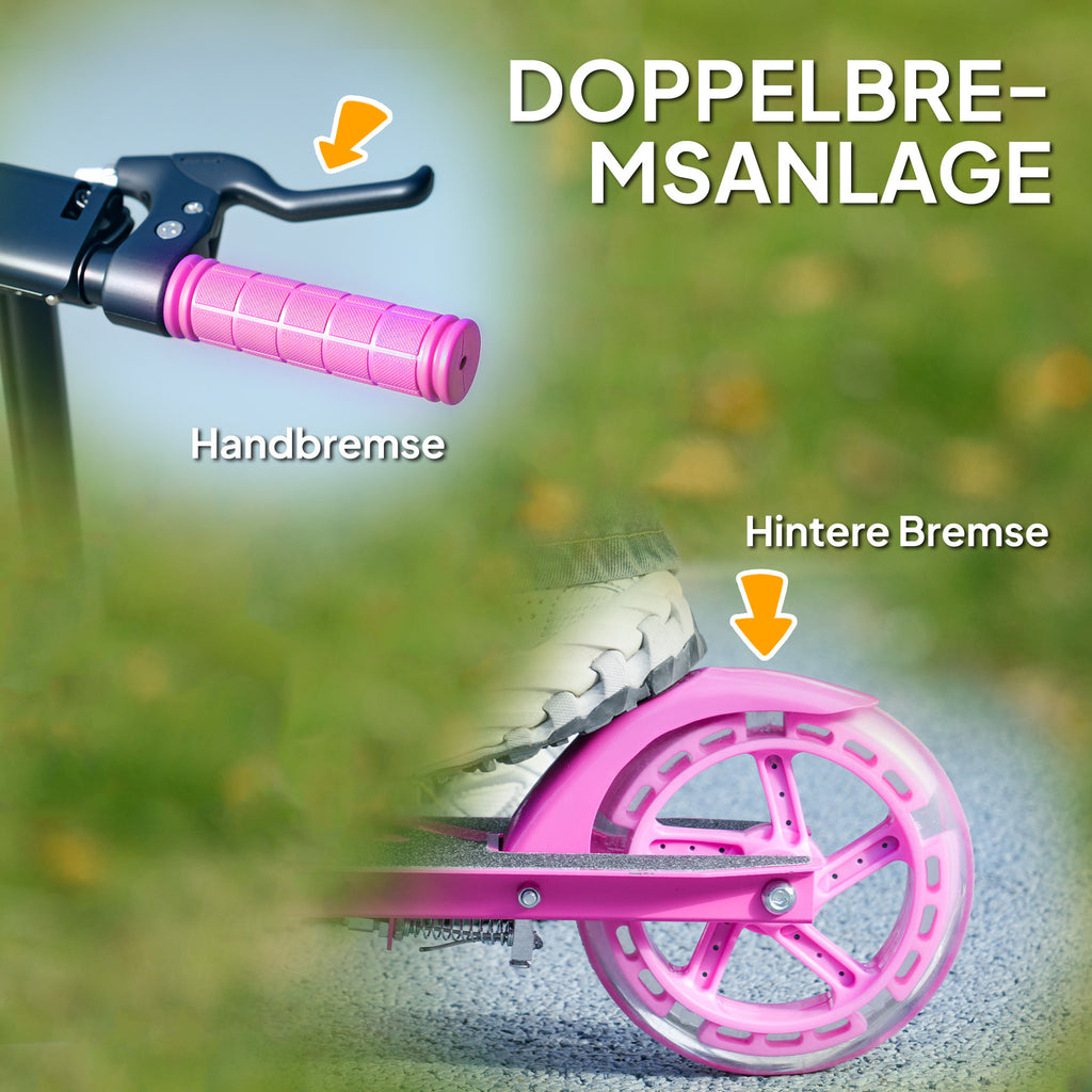 AIYAPLAY Kinderroller, Doppelte Bremsen, Metallrahmen, Fußstütze, faltbar, 3-8 Jahre, Rosa