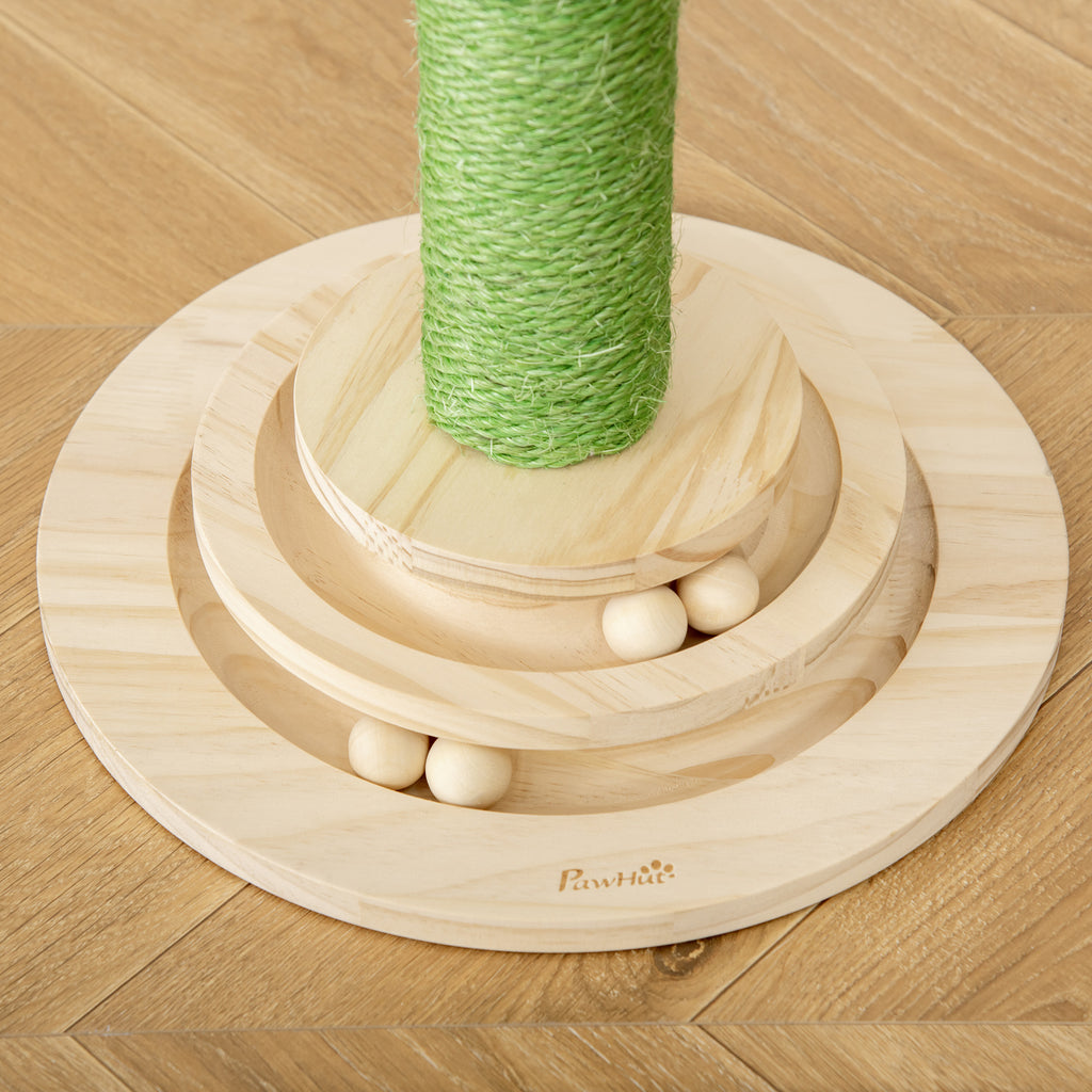 PawHut Katzen Kratzbaum Kaktus Katzenbaum Kiefernholz Sisal Seil Kratzstamm mit Holzkugel-Katzenspielzeug für Katzen 60 cm Hoch Grün+Natur
