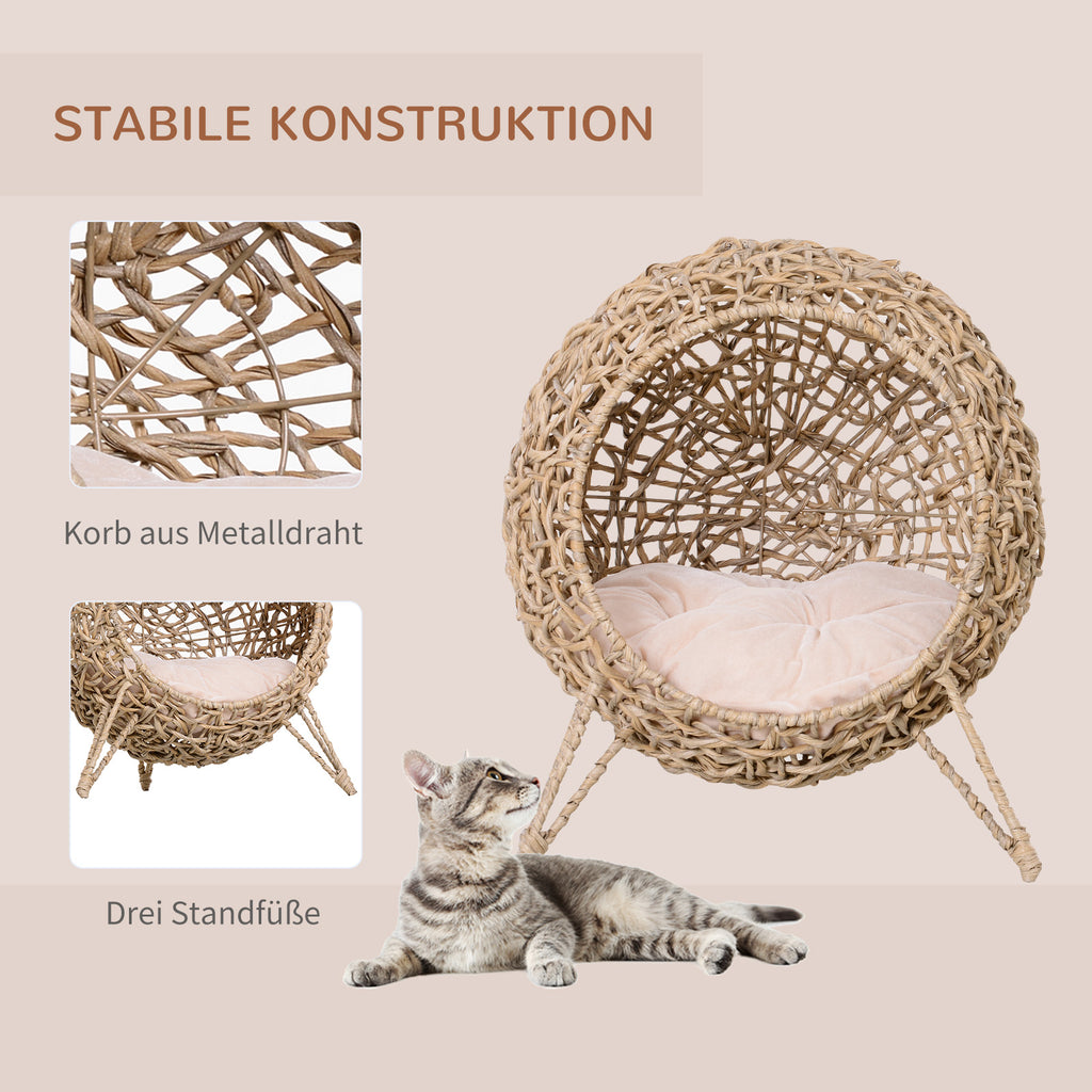 PawHut Katzenhaus aus Rattan mit Kissen Katzenschlafplatz Katzenhöhle mit erhöhten Füßen Natur Ø52 x 58 cm