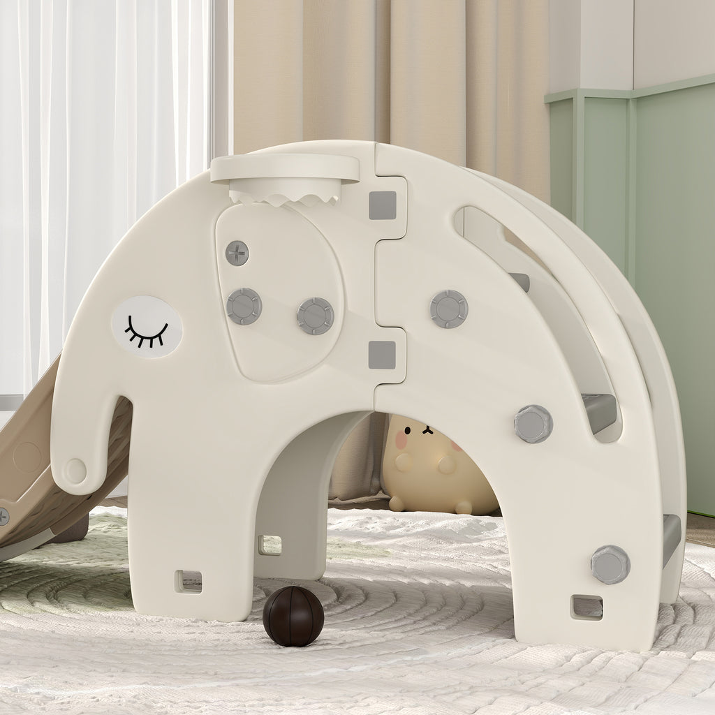 AIYAPLAY Babyrutsche 3-in-1, Klettergerüst, Basketballkorb, rutschfeste Stufen, Handläufe, Cremeweiß