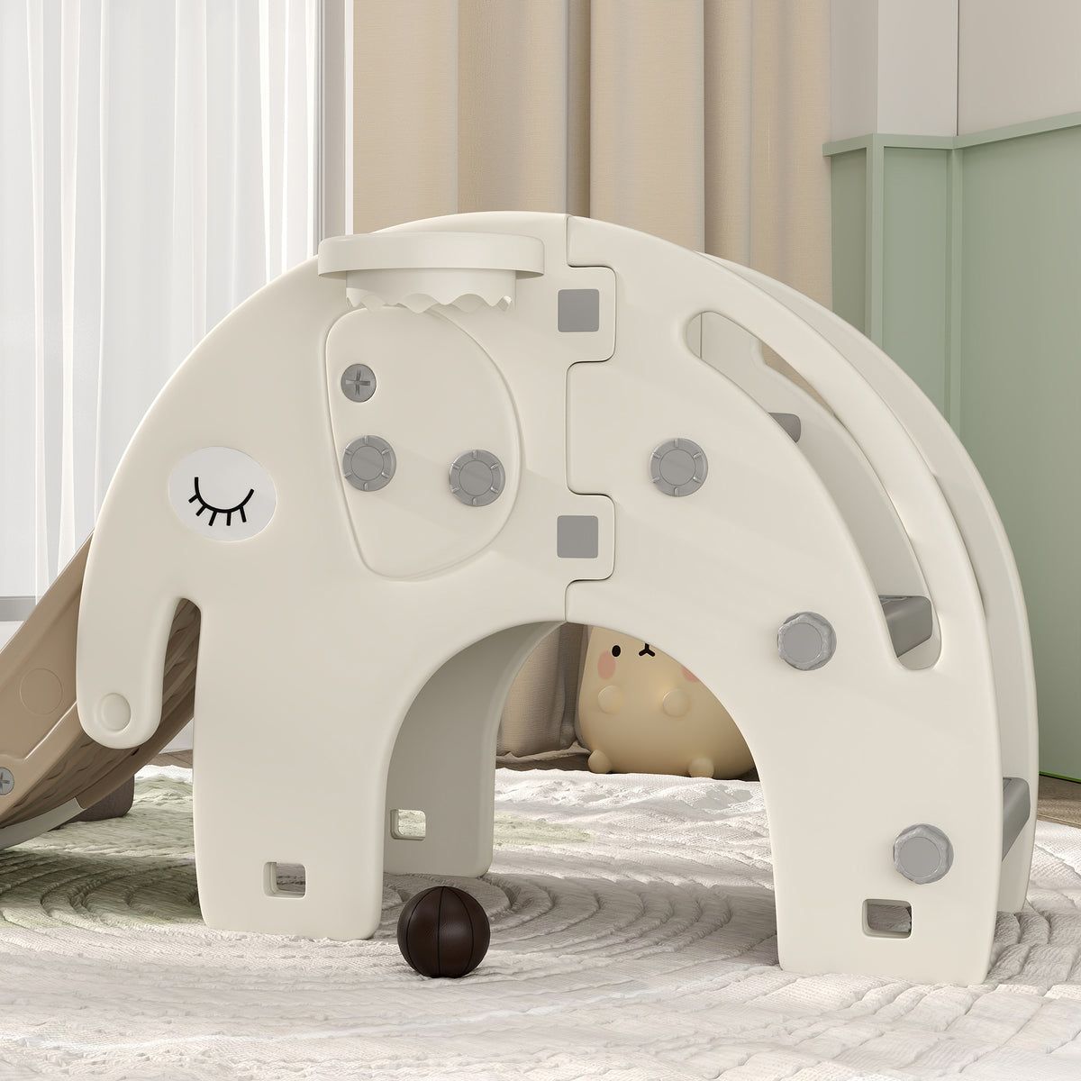 AIYAPLAY Babyrutsche 3-in-1, Klettergerüst, Basketballkorb, rutschfeste Stufen, Handläufe, Cremeweiß