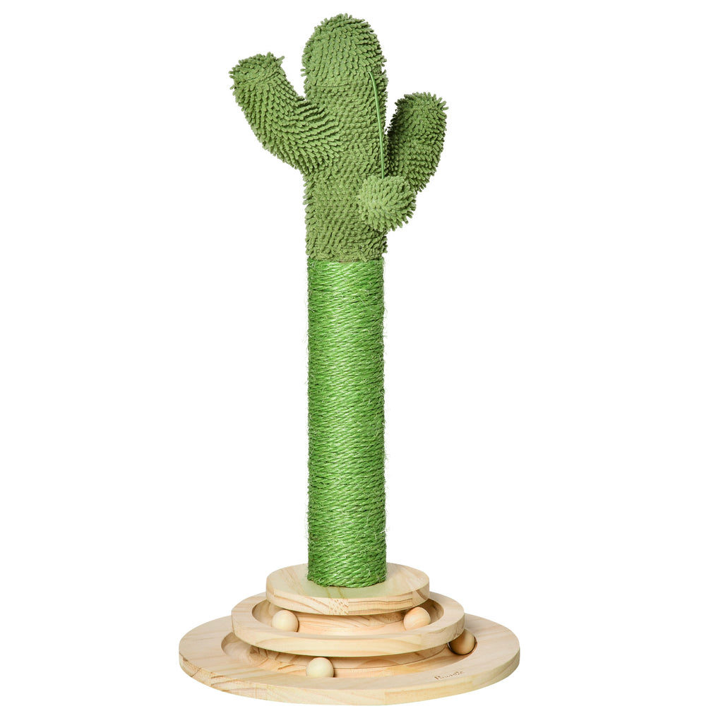 PawHut Katzen Kratzbaum Kaktus Katzenbaum Kiefernholz Sisal Seil Kratzstamm mit Holzkugel-Katzenspielzeug für Katzen 60 cm Hoch Grün+Natur