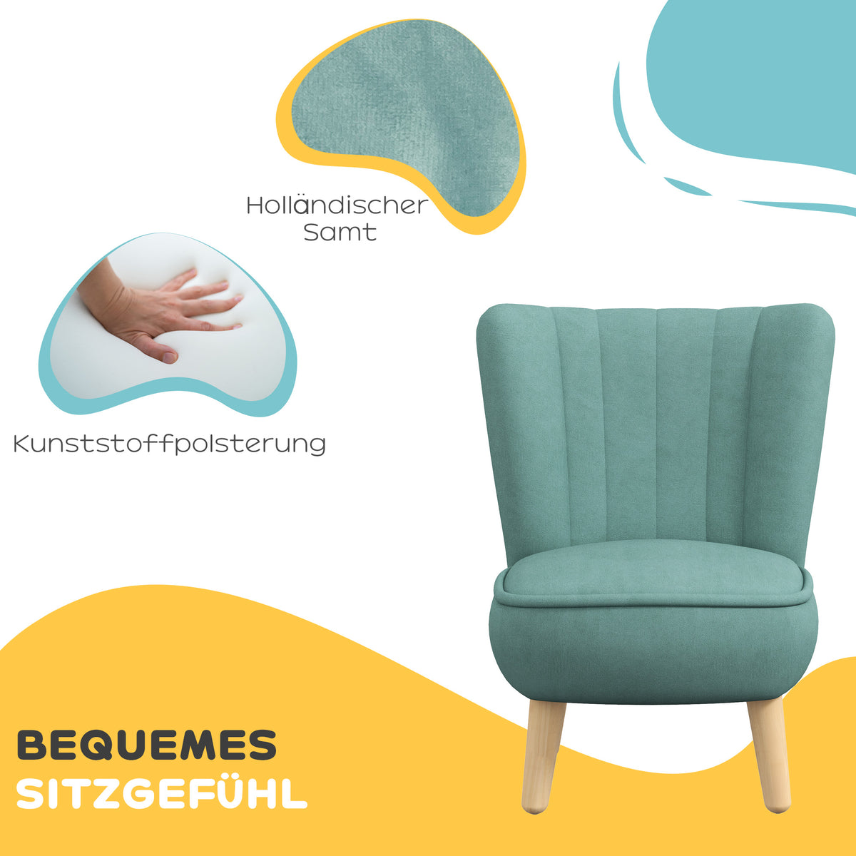AIYAPLAY Kindersessel, Samtoptik, für 3-7 Jahre, bis 45 kg, Holzgestell, 44x45x56,5cm, Hellblau