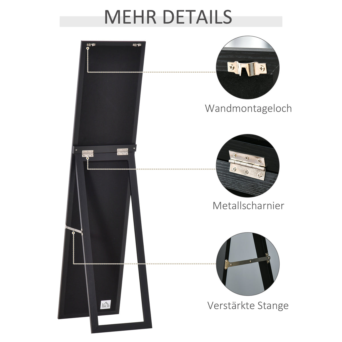 HOMCOM Ganzkörperspiegel, freistehend, Wandmontage, MDF-Rahmen, 37 x 37 x 154 cm, Schwarz