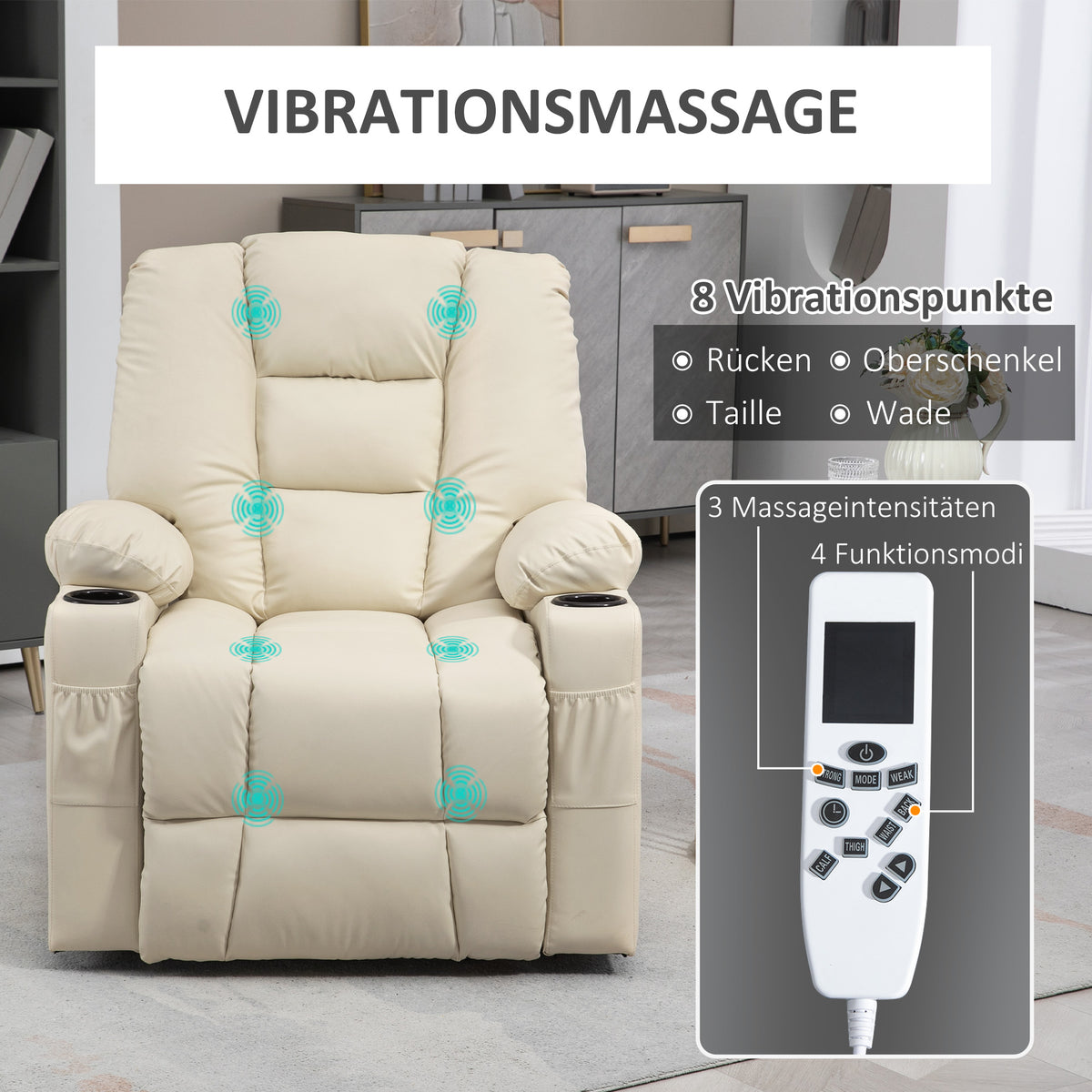 HOMCOM Massagesessel Aufstehhilfe Seniorensessel, inkl. Fernbedienung, 4 Massagemodi, 90  cm x 98 cm x 102 cm, Creme