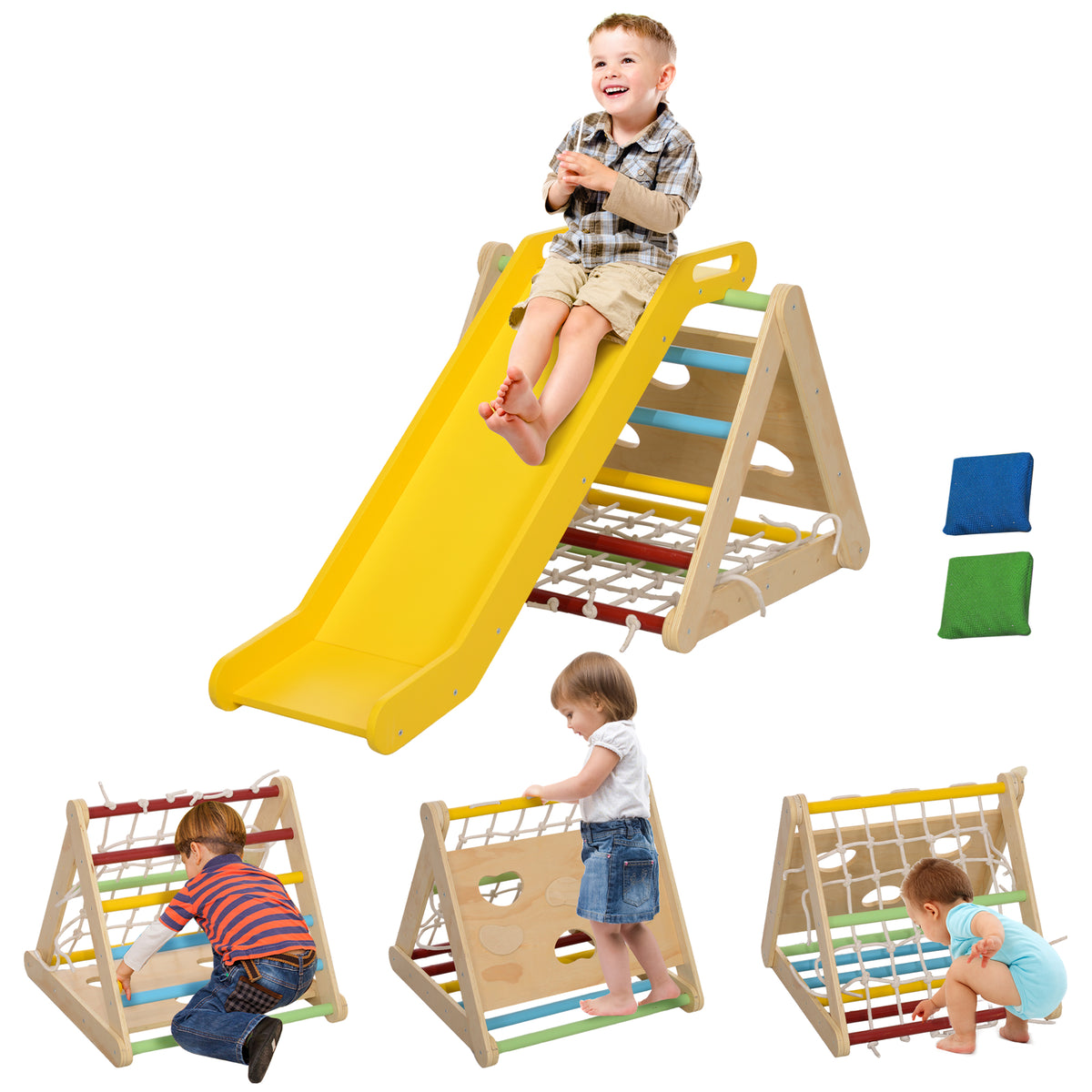 AIYAPLAY Klettergerüst, 4-in-1, mit Leiter, Seilleiter, Rutsche, Kletterwand, Indoor, für Kinder 1,5 bis 4 Jahre
