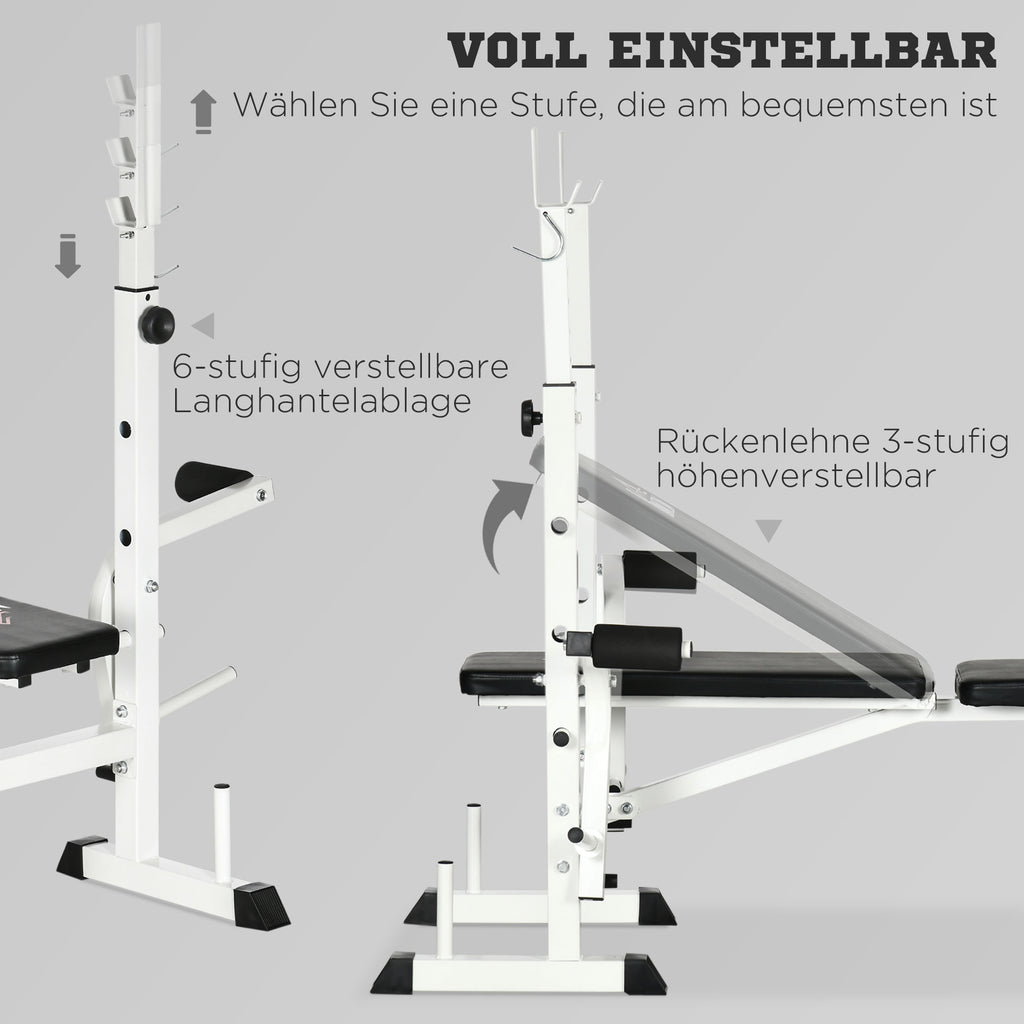 HOMCOM Hantelbank mit Hantelablage, Brustpresse, Beinpresse, Armauflage für Bizepscurls, Stahl, schwarz+weiß