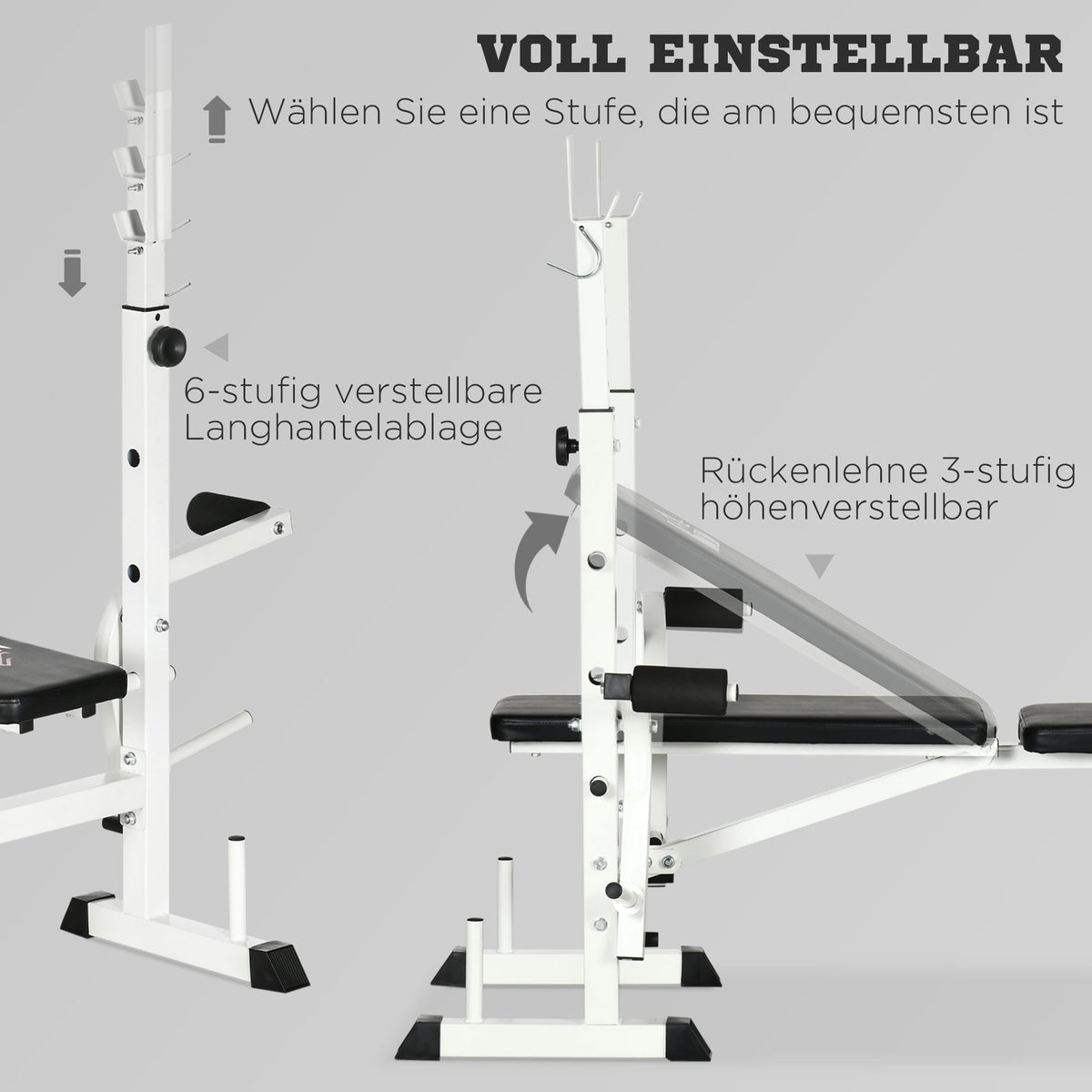 HOMCOM Hantelbank mit Hantelablage, Brustpresse, Beinpresse, Armauflage für Bizepscurls, Stahl, schwarz+weiß