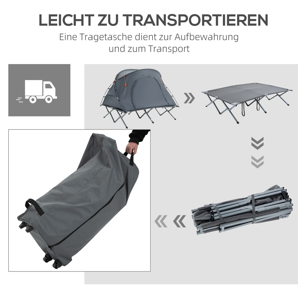 Outsunny Campingbett mit Zelt erhöhtes Feldbett für 2 Person Kuppelzelt mit Luftmatratze inkl. Tragetasche Grau 200 x 146 x 159 cm