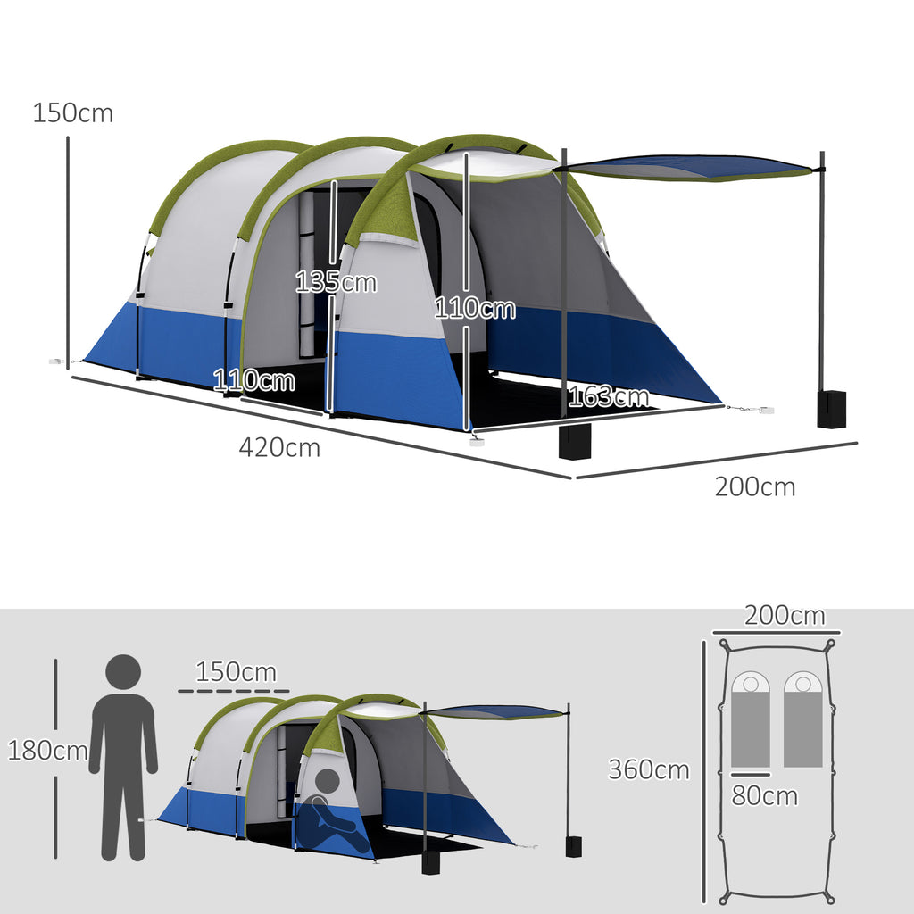 Outsunny Campingzelt, für 3 Personen, Laternenhaken, drei Eingänge, wasserdicht, Grün