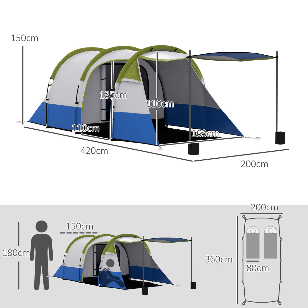Outsunny Campingzelt, für 3 Personen, Laternenhaken, drei Eingänge, wasserdicht, Grün