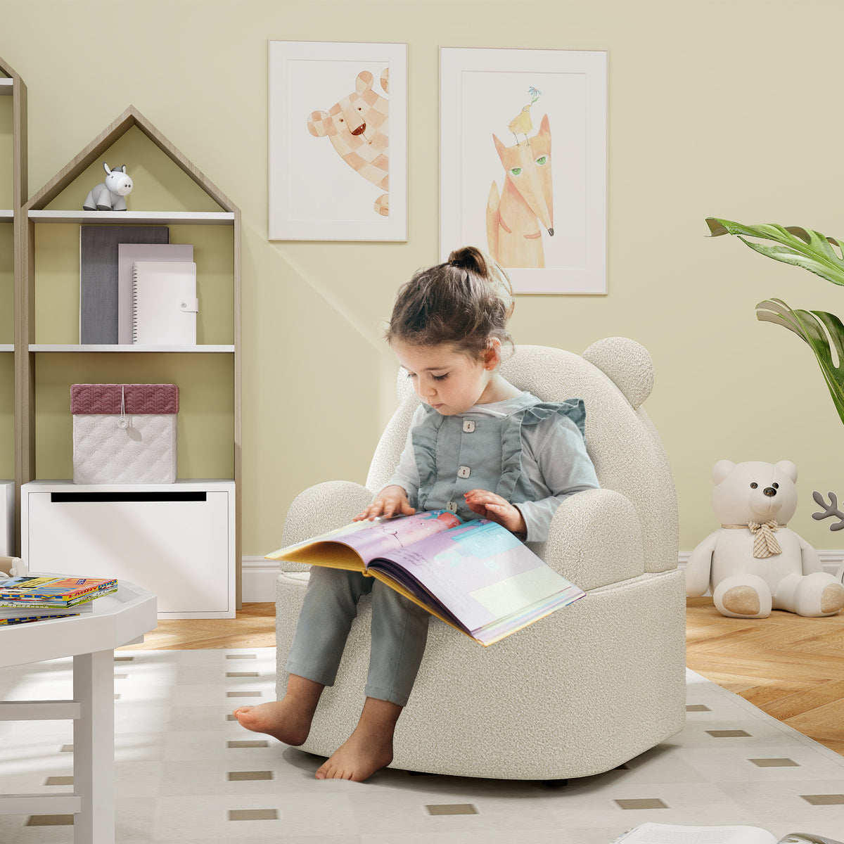 AIYAPLAY Kindersessel, Bärenform, weicher Teddyfleece, bis 3 Jahre, 52x48x59 cm, Beige