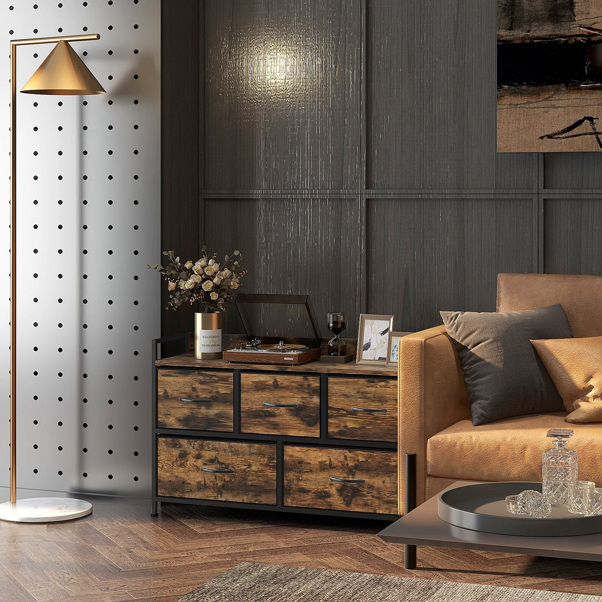 HOMCOM Kommode mit faltbaren Stoffschubladen, Melaminholz, Stahlrahmen, Braun