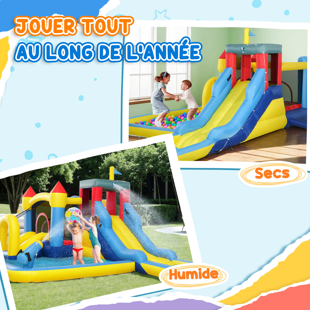 AIYAPLAY Schloss aufblasbar mit Gebläse Wasserpark Rutschen, Trampolin, Kletterwand, Wasserpistole, Basketballkorb