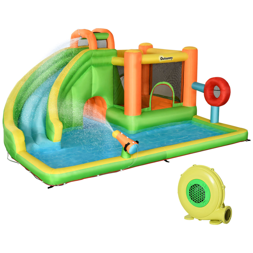 Outsunny Aufblasbare Hüpfburg mit Rutsche, Hüpfecke, 2 Wasserbecken, Boxsack, 478 x 440 x 210cm