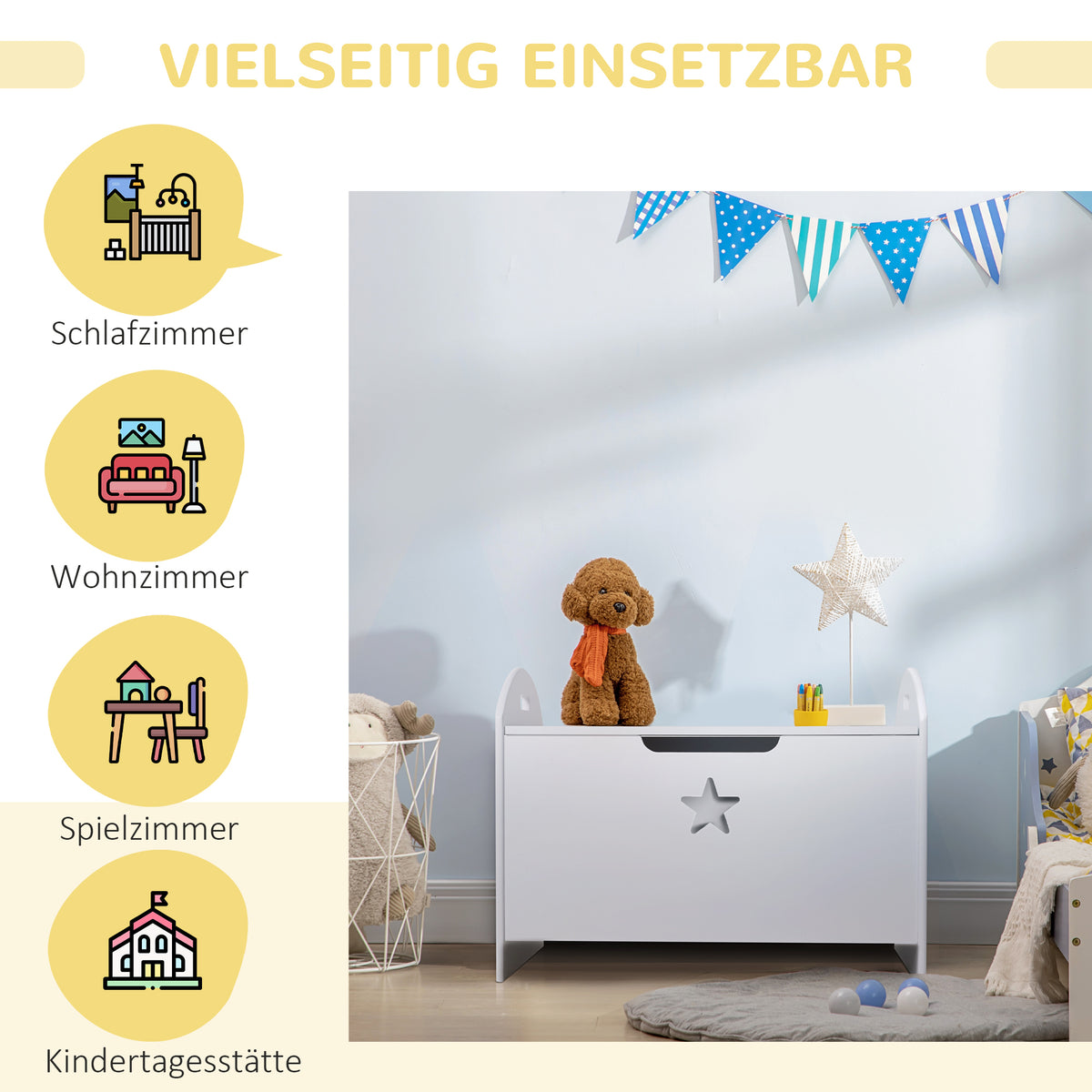 HOMCOM Spielzeugkiste aus Holz Sitzbank für Kinder Sitztruhe Aufbewahrungsbox für Kinderzimmer Bücher Spielzeug Spieltruhe für Kinder Sicherheitsscharnier Weiß 62 x 40 x 46,5 cm