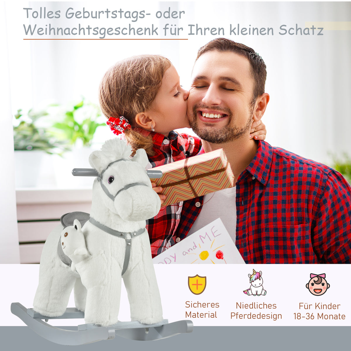 HOMCOM Kinder Schaukelpferd Baby Schaukeltier mit Tiergeräusche Spielzeug Haltegriffe für 18-36 Monate Plüsch Weiß 65 x 26 x 55 cm