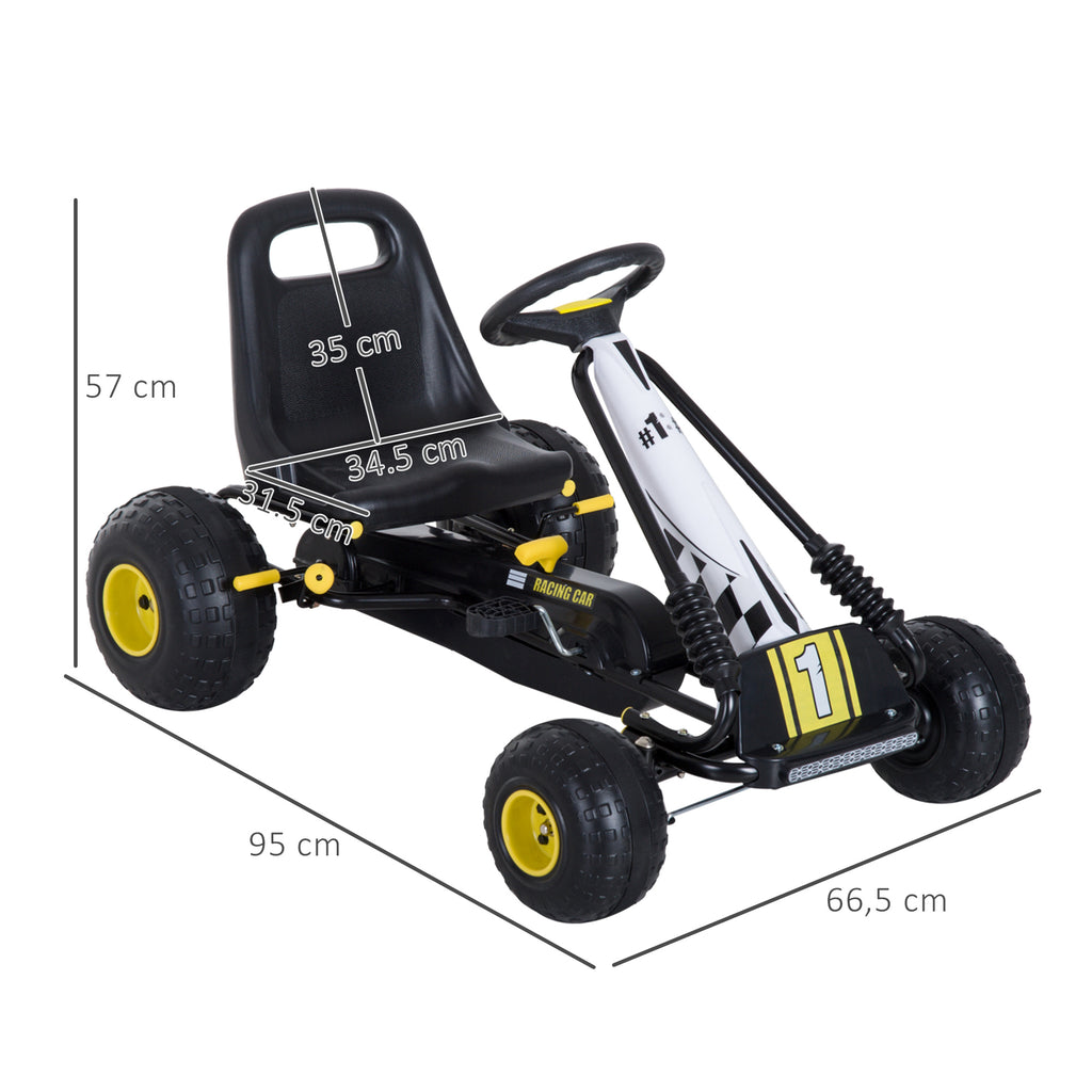 HOMCOM Gokart mit verstellbarem Sitz Tretauto Tretfahrzeug mit Handbremse Pedal Gokart Pedalfahrzeug ab 3 Jahre Kinder Schwarz 95 x 66,5 x 57 cm