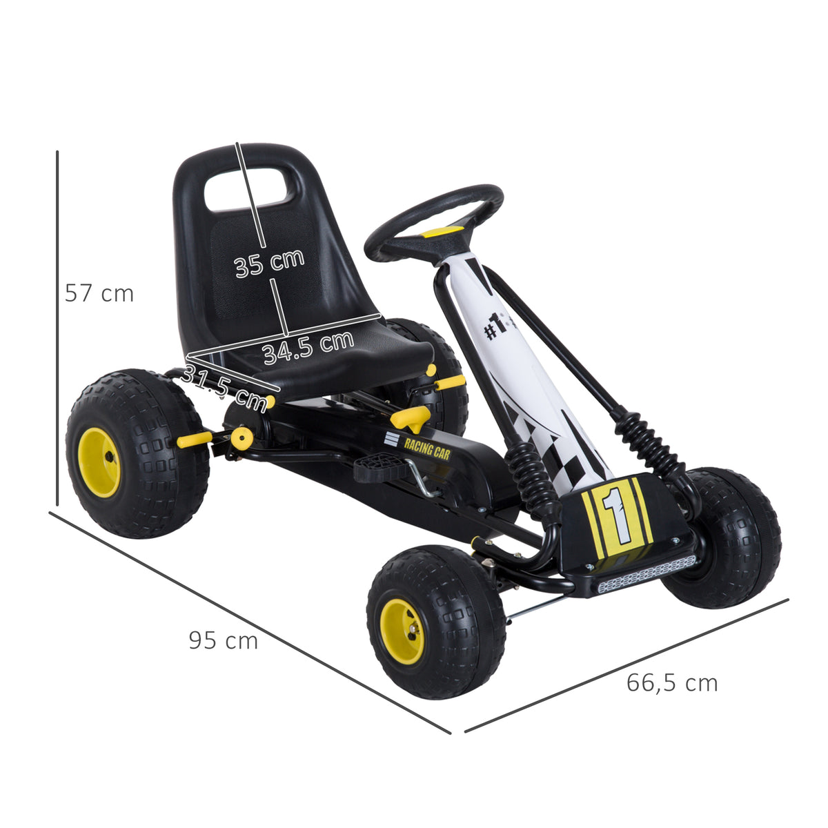 HOMCOM Gokart mit verstellbarem Sitz Tretauto Tretfahrzeug mit Handbremse Pedal Gokart Pedalfahrzeug ab 3 Jahre Kinder Schwarz 95 x 66,5 x 57 cm