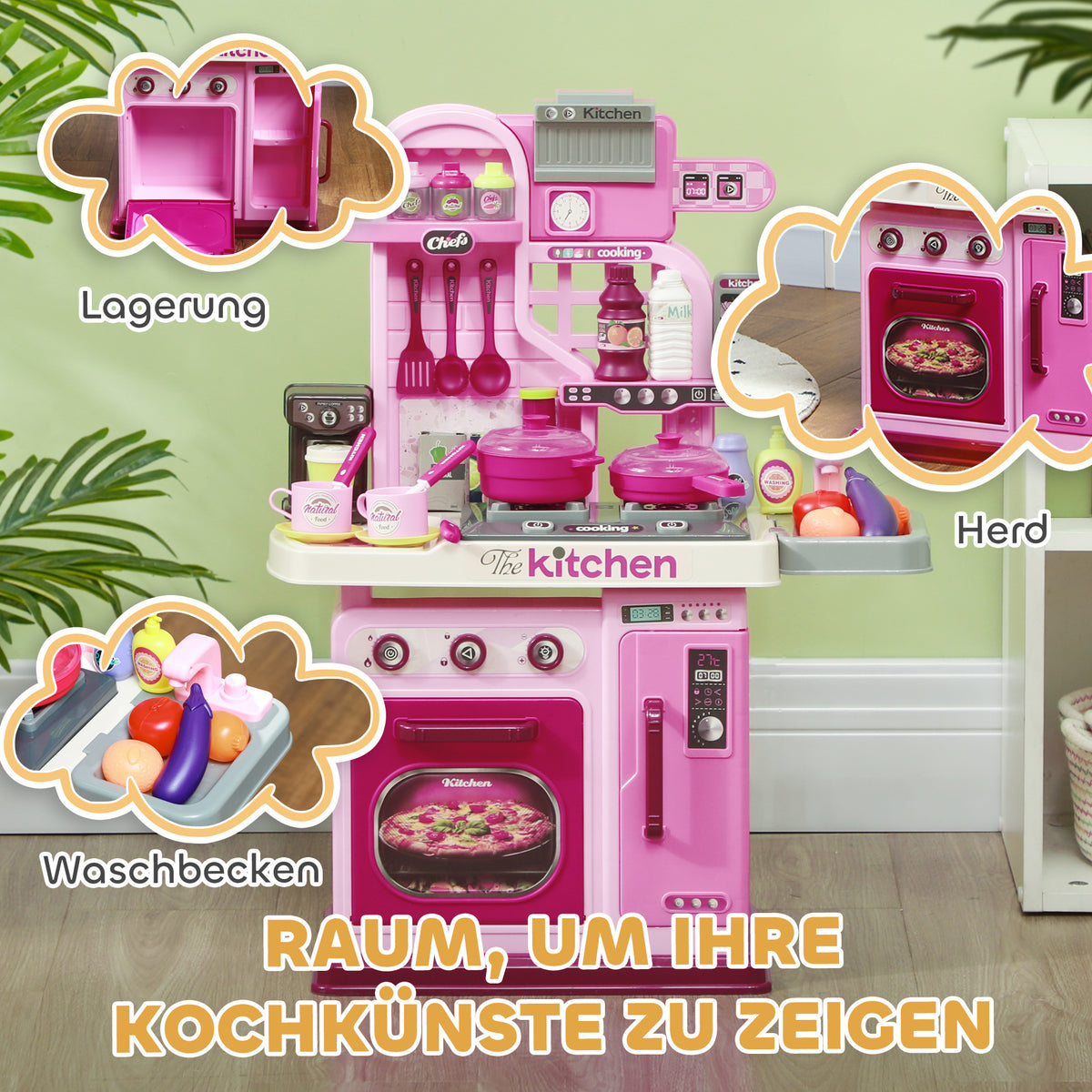 AIYAPLAY Spielküche, 33-teiliges Set, Licht- & Soundeffekte, für Kinder 3-6 Jahre, Pink