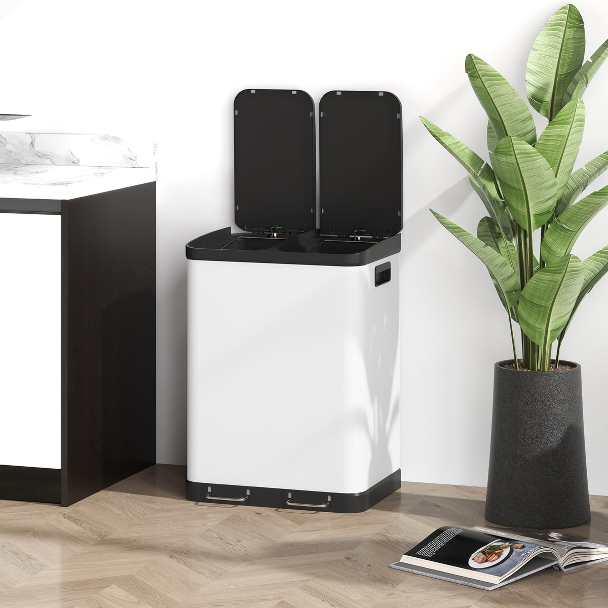 HOMCOM Küchenabfalleimer 2 x 30L mit Pedal aus Edelstahl, 2 Fächer, sanft schließender Deckel, 60L, weiß